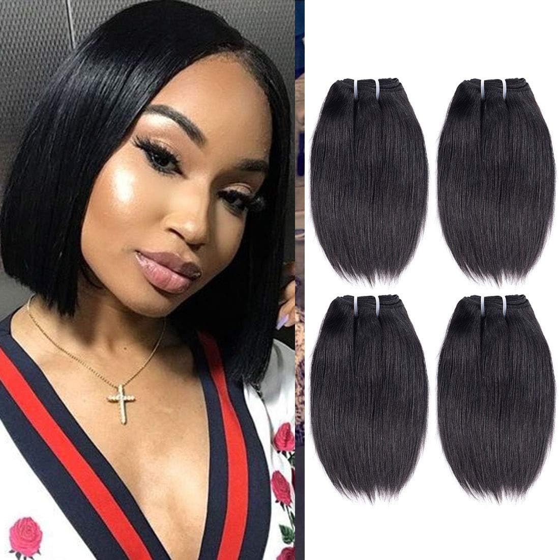 Liang Dian 8 Inch Short Human Hair Bundles Natural Color 4 Bundles 12A Brazilian Virgin Hair 100% Unprocessed Straight Human Hair(8"8"8"8")