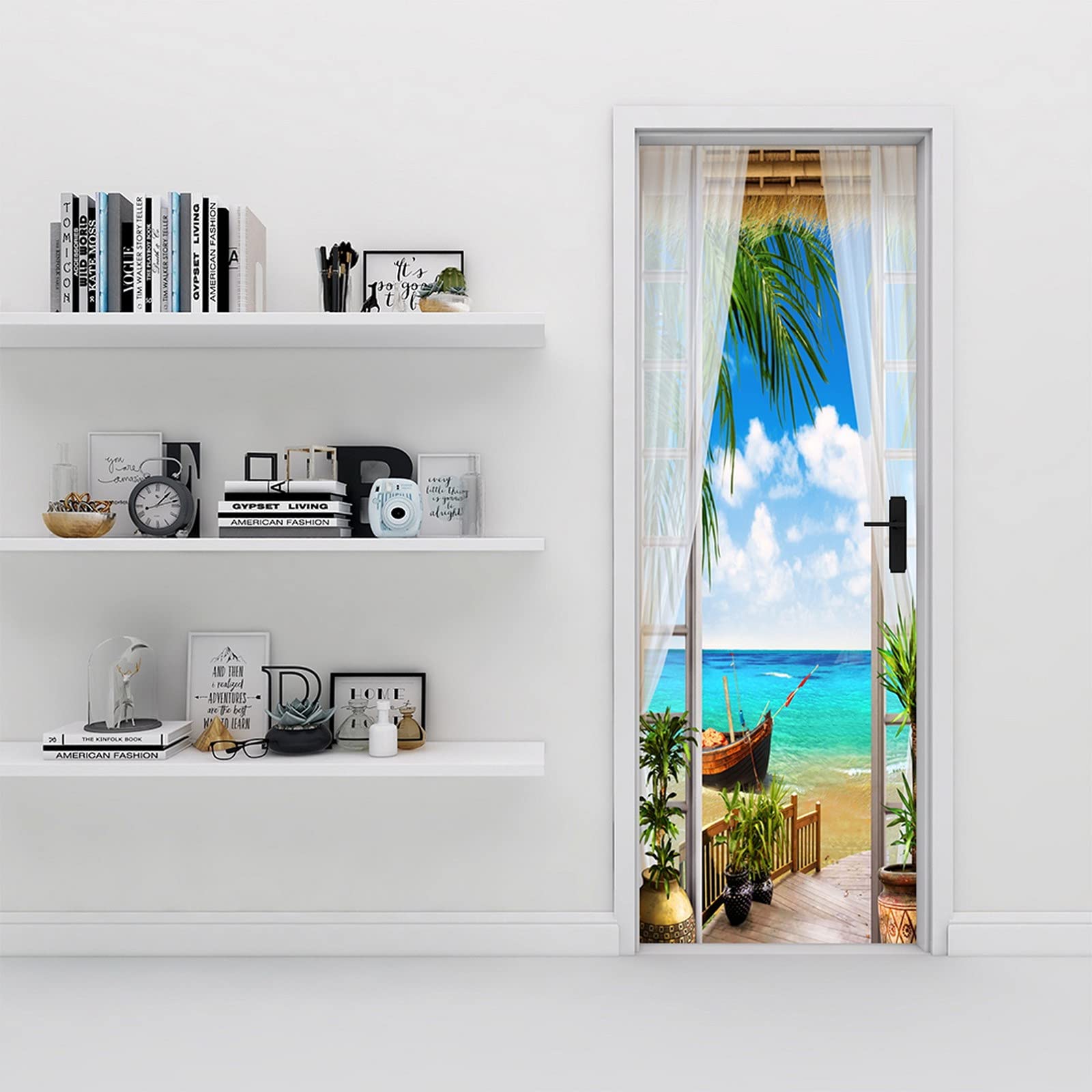 A.Monamour Adesivo Porta Autoadesiva Terrazza Vista Mare Con Tenda In Voile Bianco Spiaggia Sabbiosa Vinile PVC Adesivi per Porte 3D Pellicola Adesiva Poster Sticker Murale Parete Carta da Parati