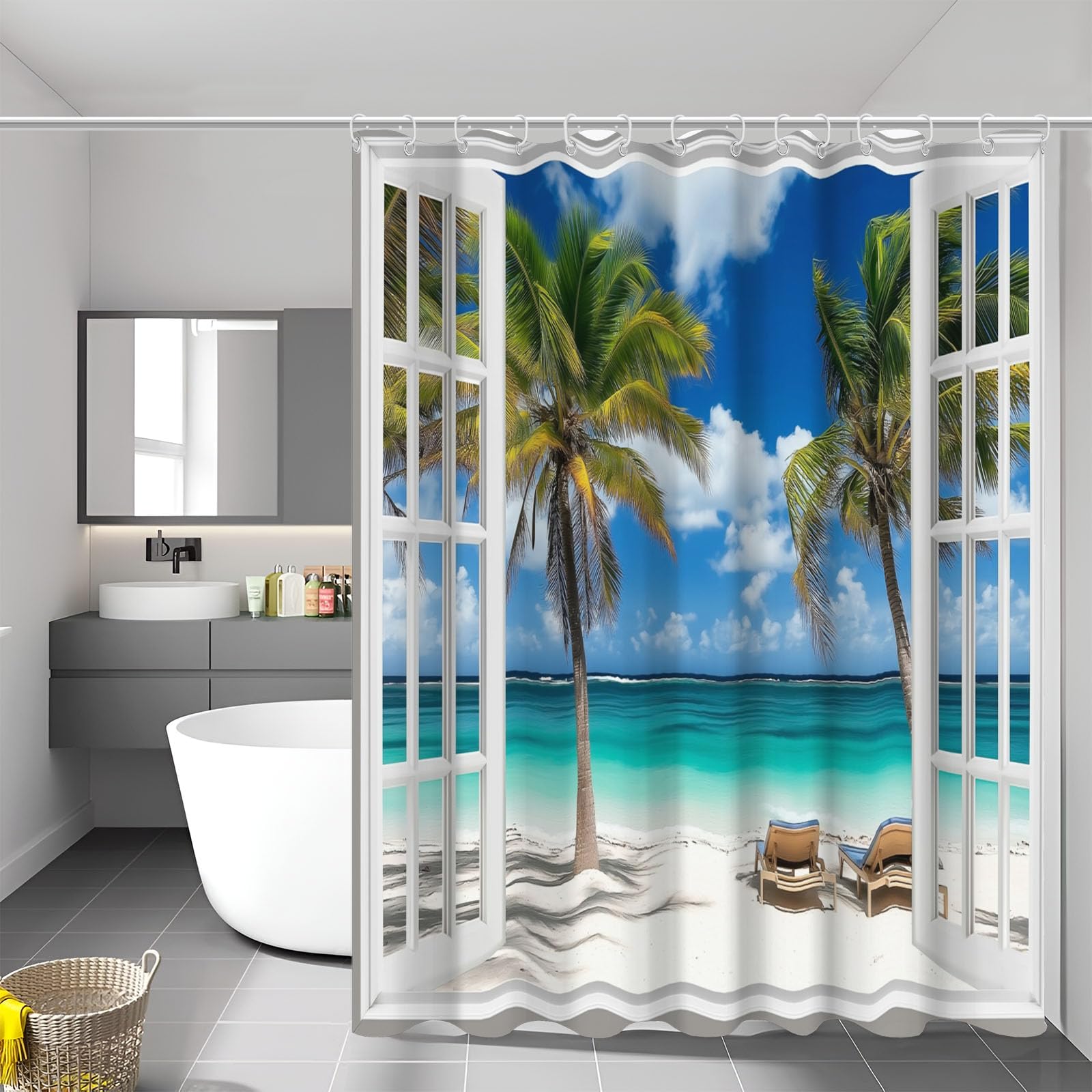 Rideau de Douche 240x200 cm Plage en Polyester Imperméable Lavable avec 12 Crochets