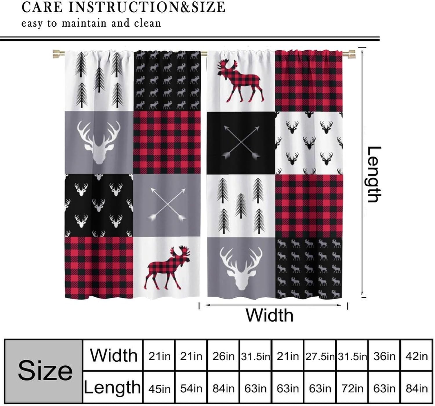 Red White Plaid Curtain,Retro Deer Bear Farm Animal Geometric Abstract Window Treatment Curtains for Dining Room Living Room Kitchen Cafe Bedroom Office Drapes, 72x63 in