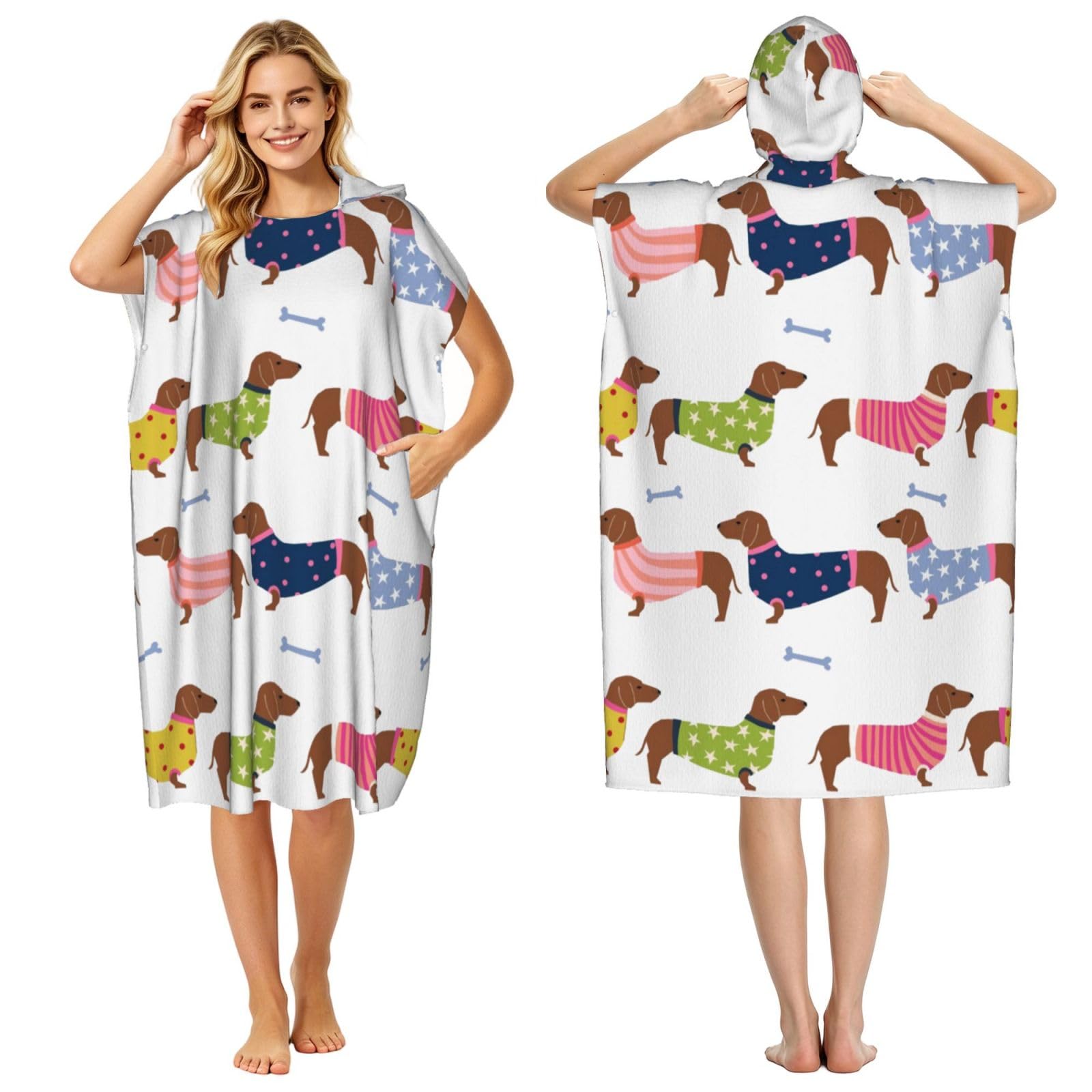 Poadnly Dachshund Red Coat Dog Breed Pet Pattern Sweater, Adult Hooded Beach Towel 90 x 110 cm,Changing Bath Robe, Surf Poncho Towel For Women Men