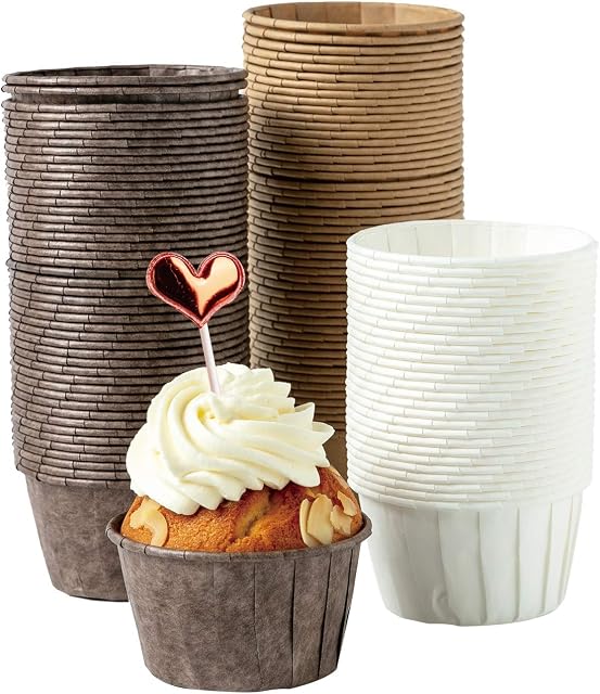 katbite Cupcake Cases 150pcs Heavy Duty Baking Cups, Disposable Muffin Cases Made of Greaseproof Paper for Wedding, Birthday, Party in White, Brown, Dark Brown