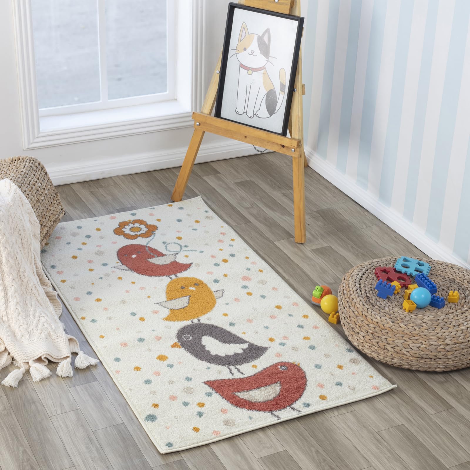 Livabliss Pioupiou Birds Kids Carpet 80x150 cm, Soft Animal Design for Bedroom, Nursery & Playroom, Easy Care Kids Floor Covering, Ivory Mustard Pink