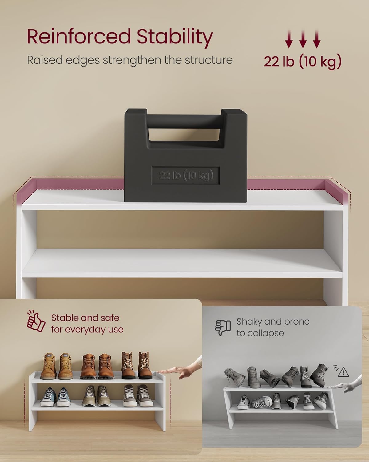 VASAGLE Shoe Rack for Closet, Stackable Shoe Organizer Shelf for Entryway, 2 Tiers, 11.7 x 32.3 x 14.2 Inches, White ULBS060WZ01S