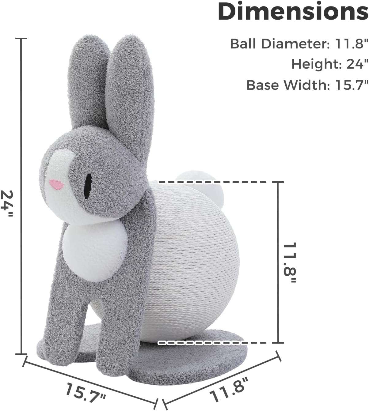 MUTTROS Cute Cat Scratcher- Bunny Style, Cat Scratching Post with Paper Rope, Extra Large Cat Scratch Ball (Ø11.8) for Indoor Kitten, Rabbit Scratch Ball for Kitty to Climb & Play, Gray