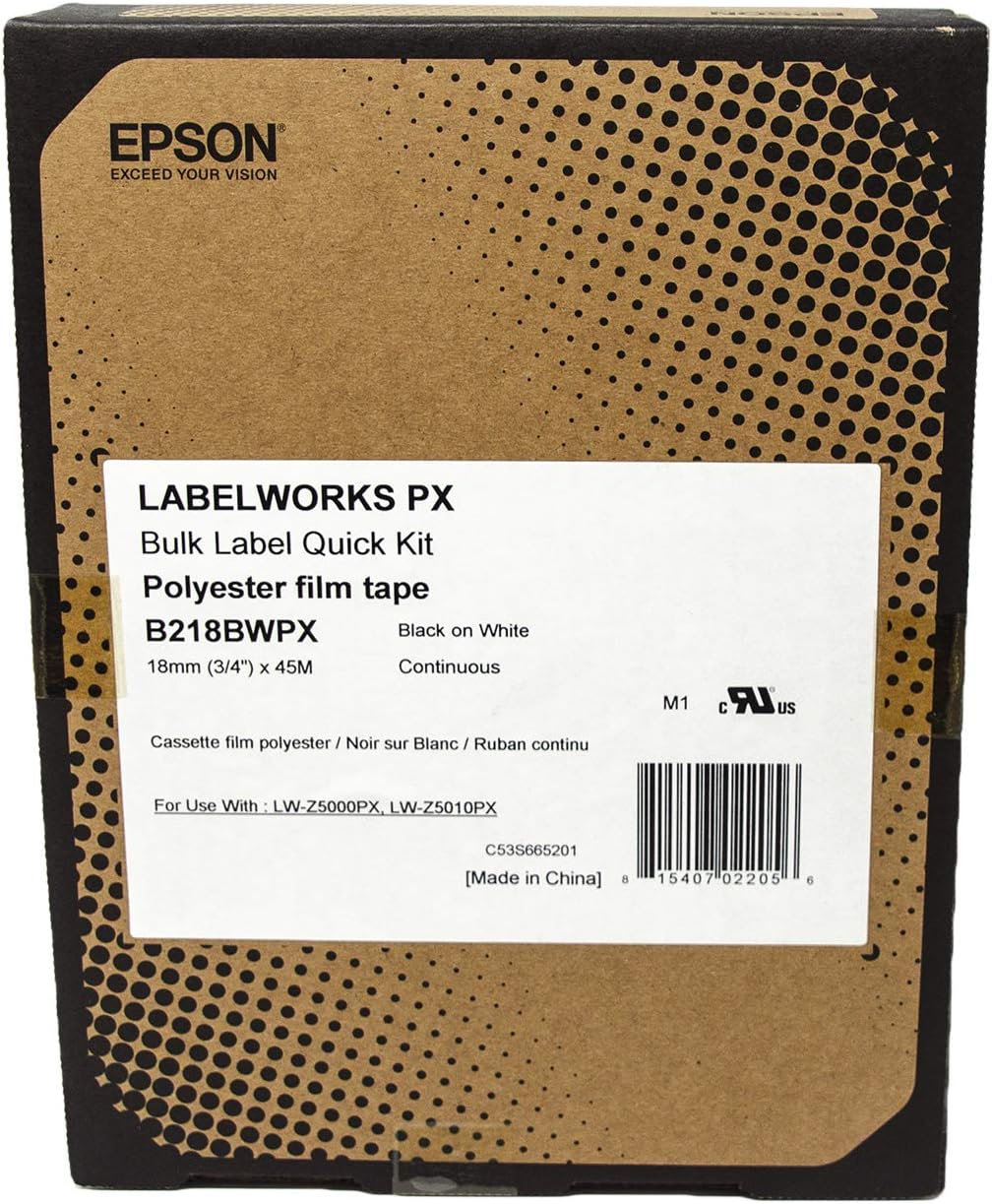 Epson LABELWORKS B218BWPX Genuine Bulk Continuous PET (Polyester) Tape - Black on White Standard Industrial Label Maker Tape - 3/4" (18MM) Wide, 147.6 ft