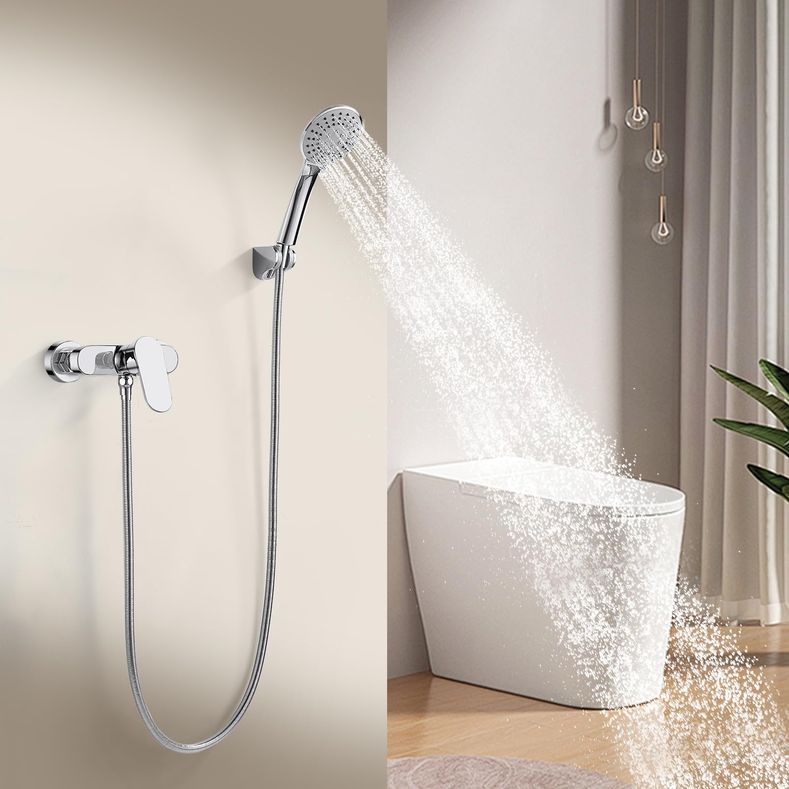 Duscharmatur Einhebelmischer mit Handbrause und Schlauch, Chrom | Mischbatterie Dusche Set, 3 Strahlarten Duschbrause, 1.5m Schlauch, Aufputz Wandmontage