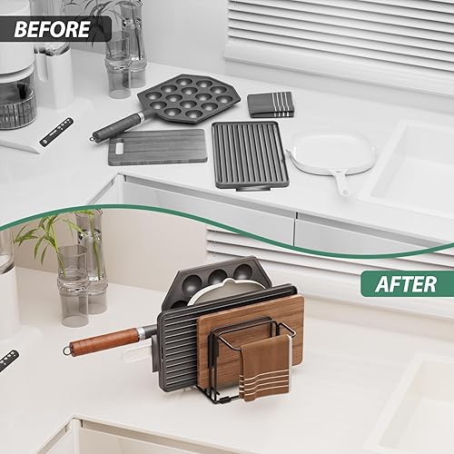 Miniatura 9 de Organizador de tabla de cortar, estante de almacenamiento de cocina de acero con 5 ranuras para tablas de cortar, bandejas para hornear, toallas y