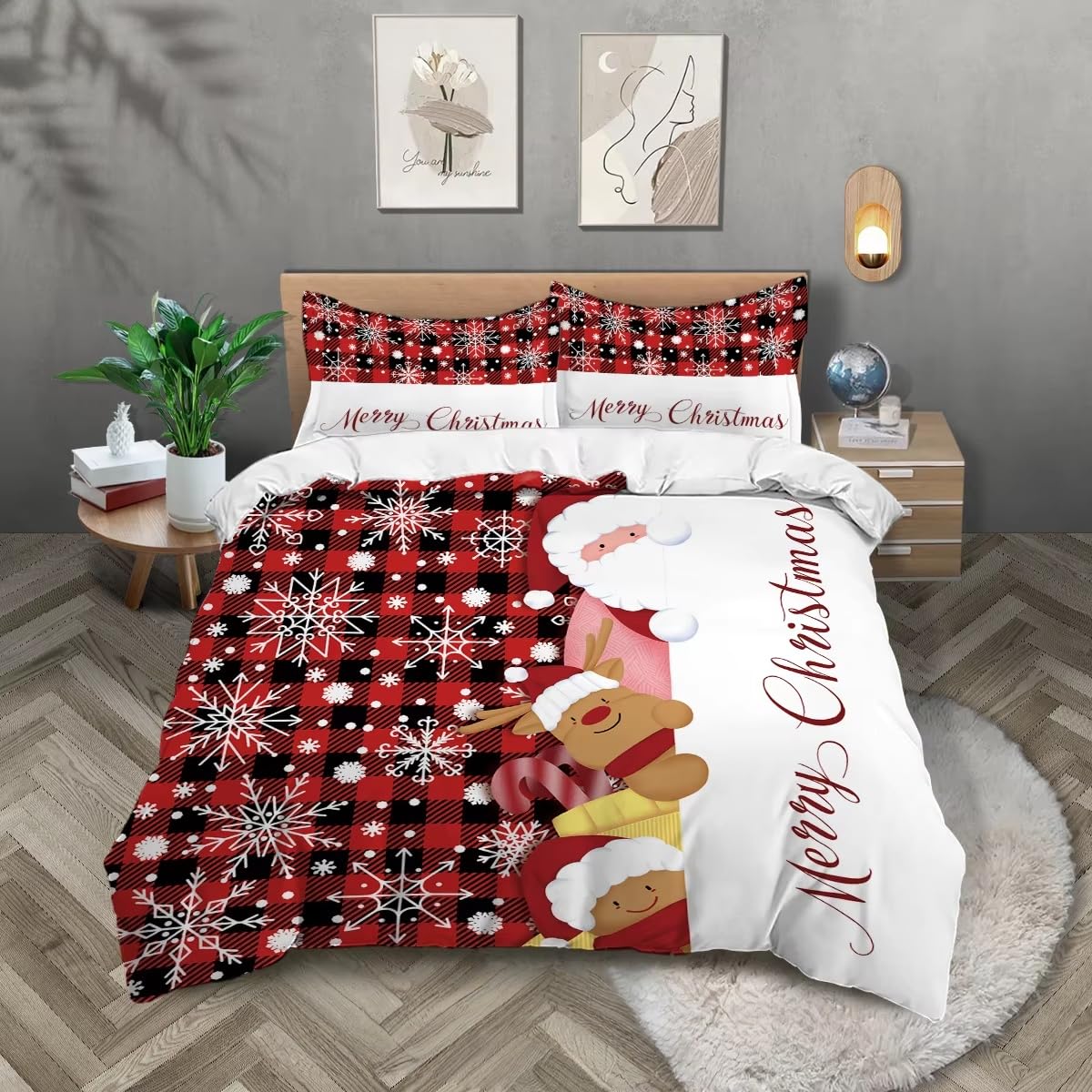 Housse de couette 200x200 noël pour enfants lit double à carreaux rouges