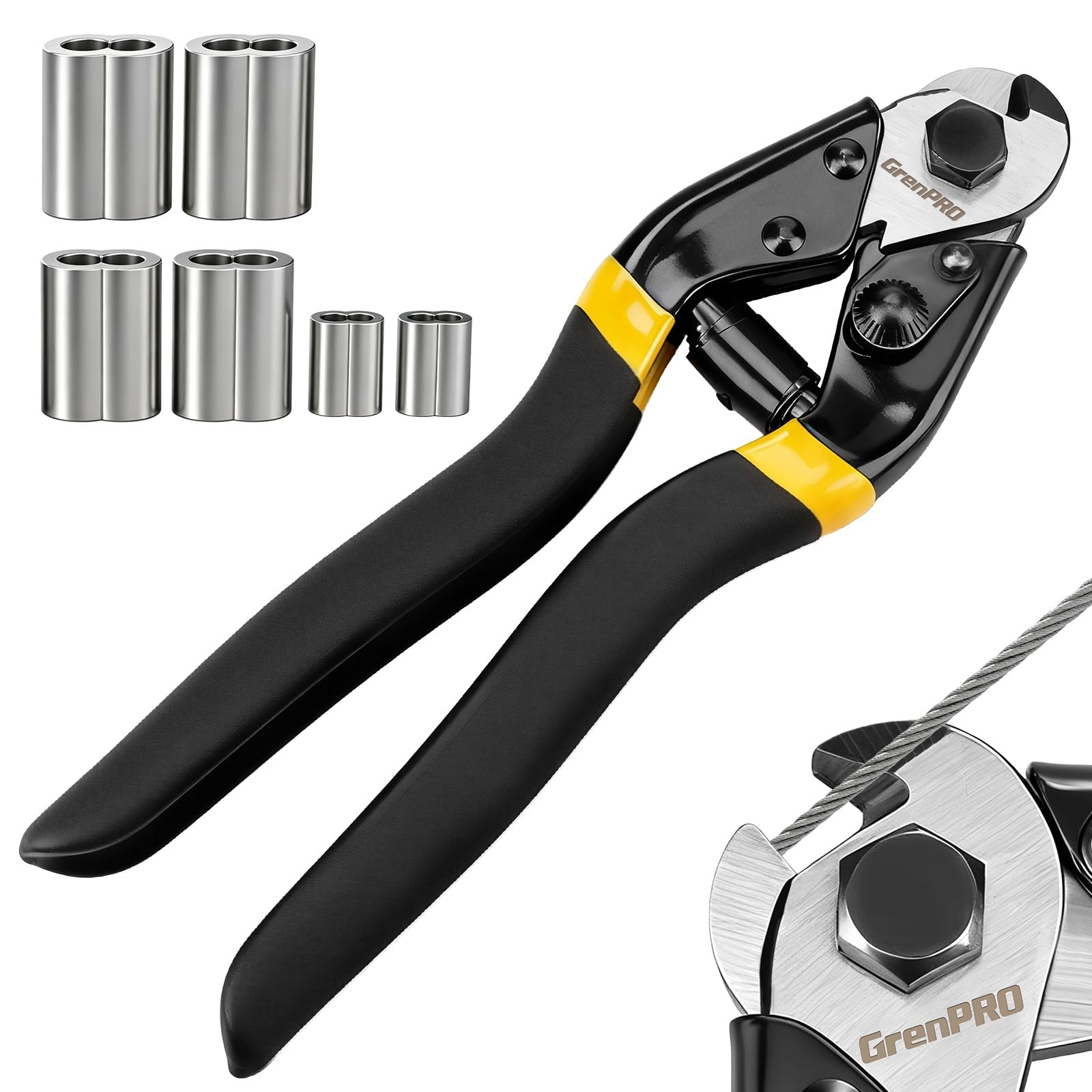 GRENPRO Wire Rope Cutter, 5/32" Steel Cable Cutter with 6 Aluminum Sleeve | Heavy-Duty Wire Cutter for Thick Wire, Wire Rope, Safety Lock, Cable Cutting, Chicken Coop, Spring Loaded, Cr-V Steel