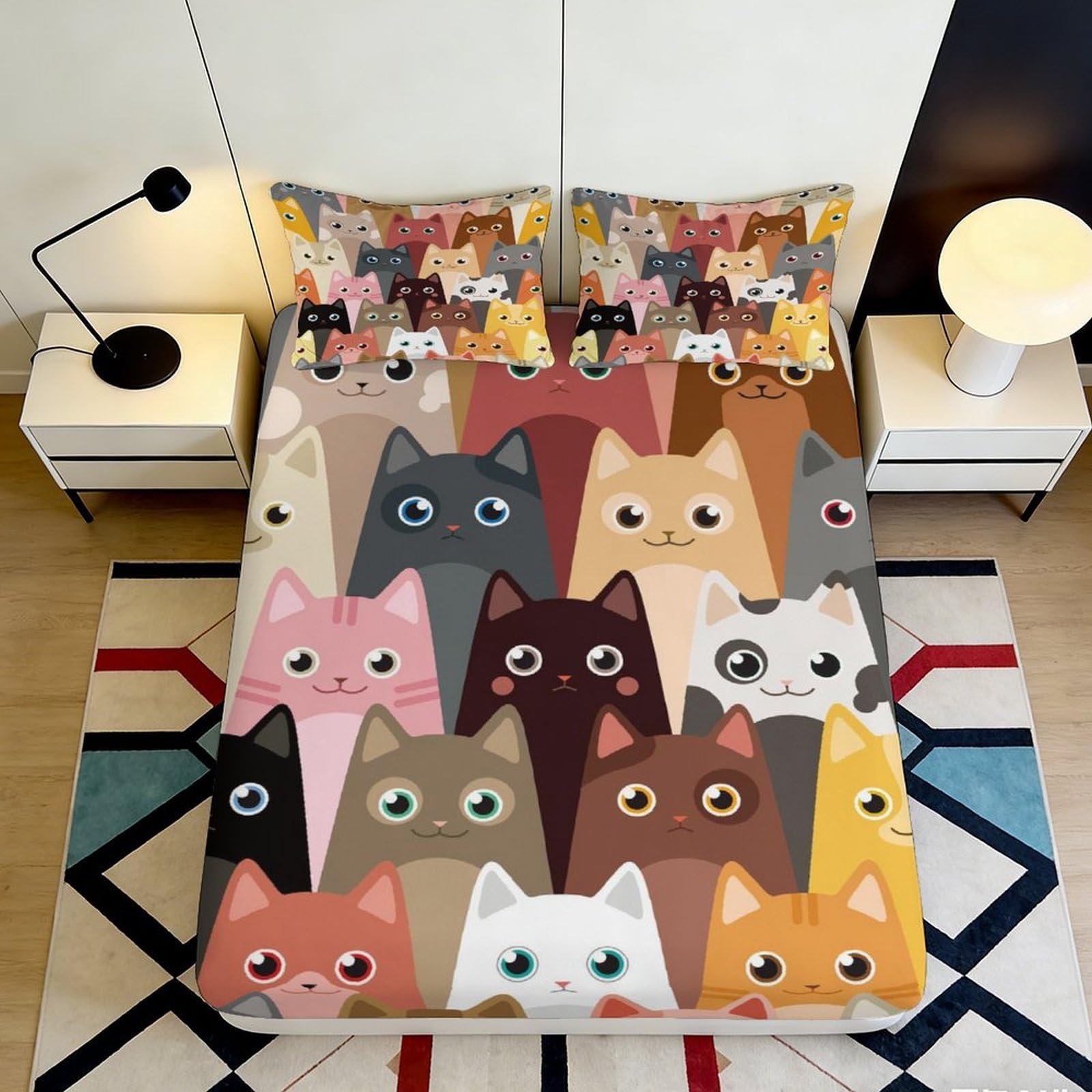 Jqzkxnhpbr Style-3 3D Printed Multicolor Cartoon Cat Fitted Sheet Microfiber Soft Anti-Slip Mattress Cover Bedroom Dorm Decorative 90X200x25cm