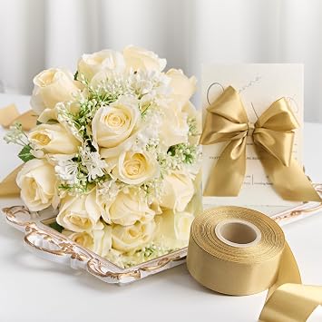1-1/2 Inches 50 Yards Champagne Gold Satin Ribbon, Solid Fabric Ribbon Roll for Flower Bouquets, Gift Wrapping, Wedding, Handmade Crafts