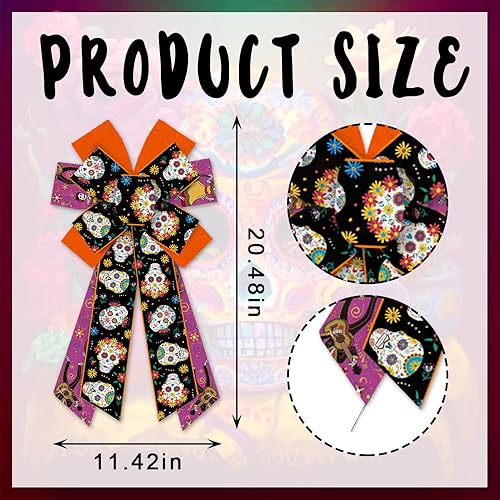 Miniatura 10 de Hying 2 lazos para corona, diseño de esqueleto mexicano, arco de arpillera rojo y negro, lazos de arpillera para el Día de los Muertos México, lazos