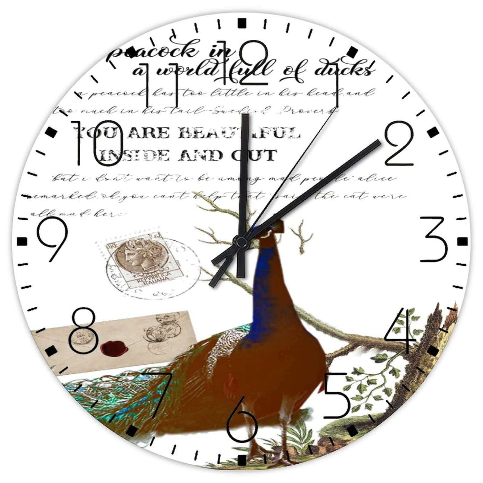 Horloge paon vert sarcelle anti-tic-tac décorative de 30 cm
