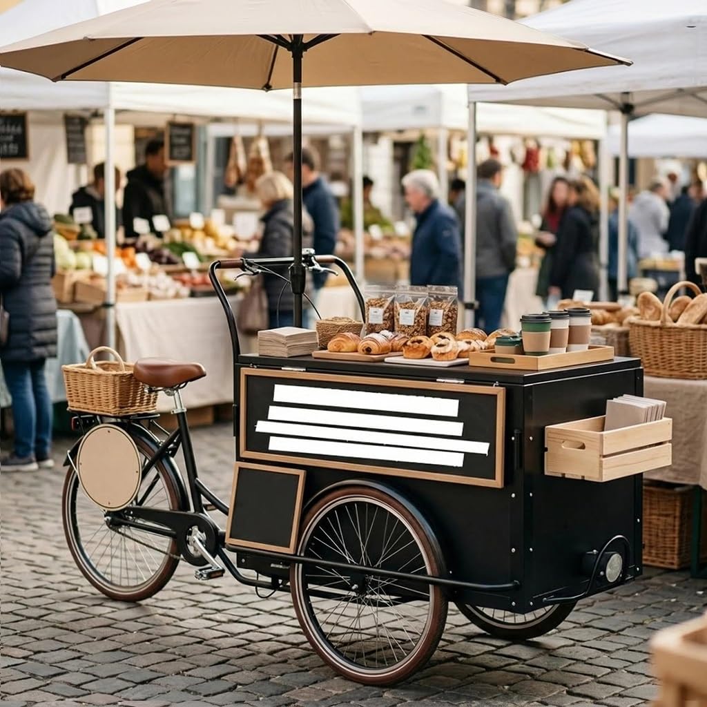 Mobile Vending Bicycle Cart,Parasol & Storage Box - Commercial Food Display Stand Market Stall Display Stand for Street,Markets,Festivals and Outdoor Events
