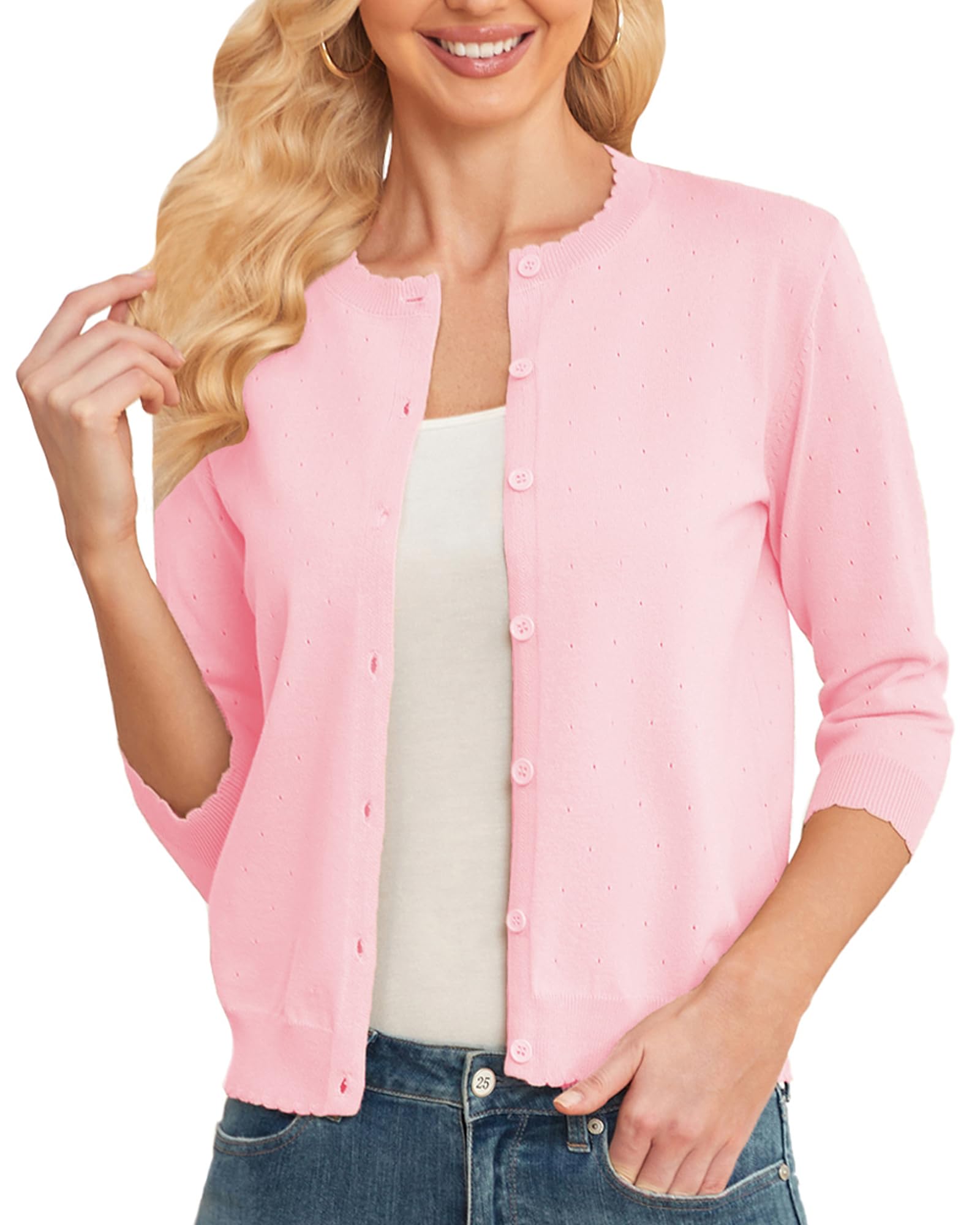 CUNYI Rebeca Mujer Corta Manga 3/4 Cárdigan Punto Ligero Cuello Redondo Suéter Elegante con Botones, Rosa M