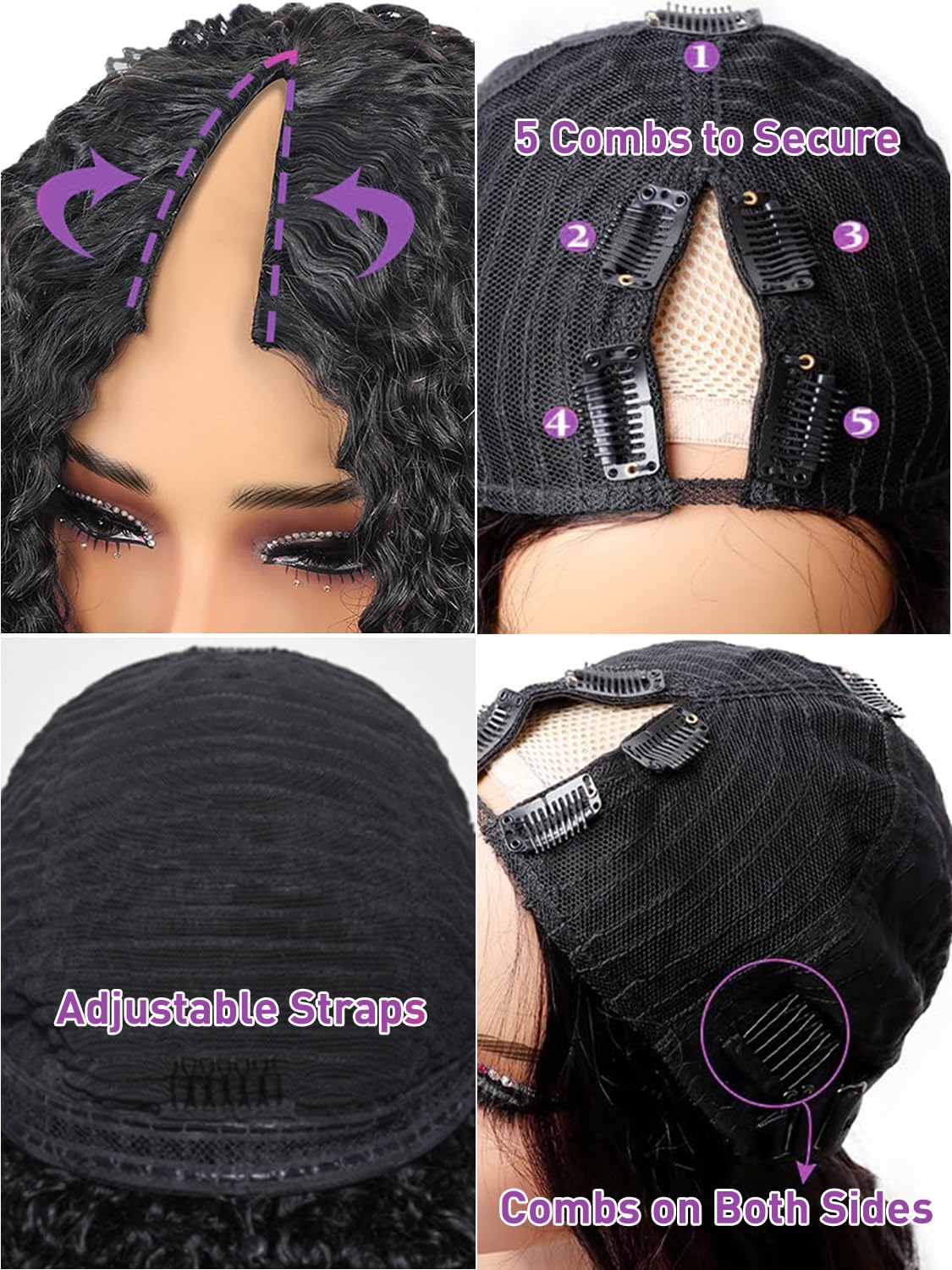V Part Curly Wig Human Hair Glueless No Leave Out Upgrade U Part Wigs Human Hair 20 Inch Kinky Curly Wigs for Women Full Head Clip In Half Wigs 180% Density Natural Color