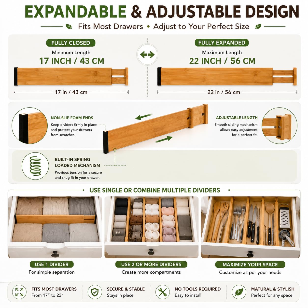 Zollyss Drawer Divider, Bamboo Expandable Drawer Organizers Set of 4, Adjustable Drawer Separators for Kitchen, Dresser, Bedroom & Office, Fits 17-22 Inch Drawers, Natural — Amazon image 9