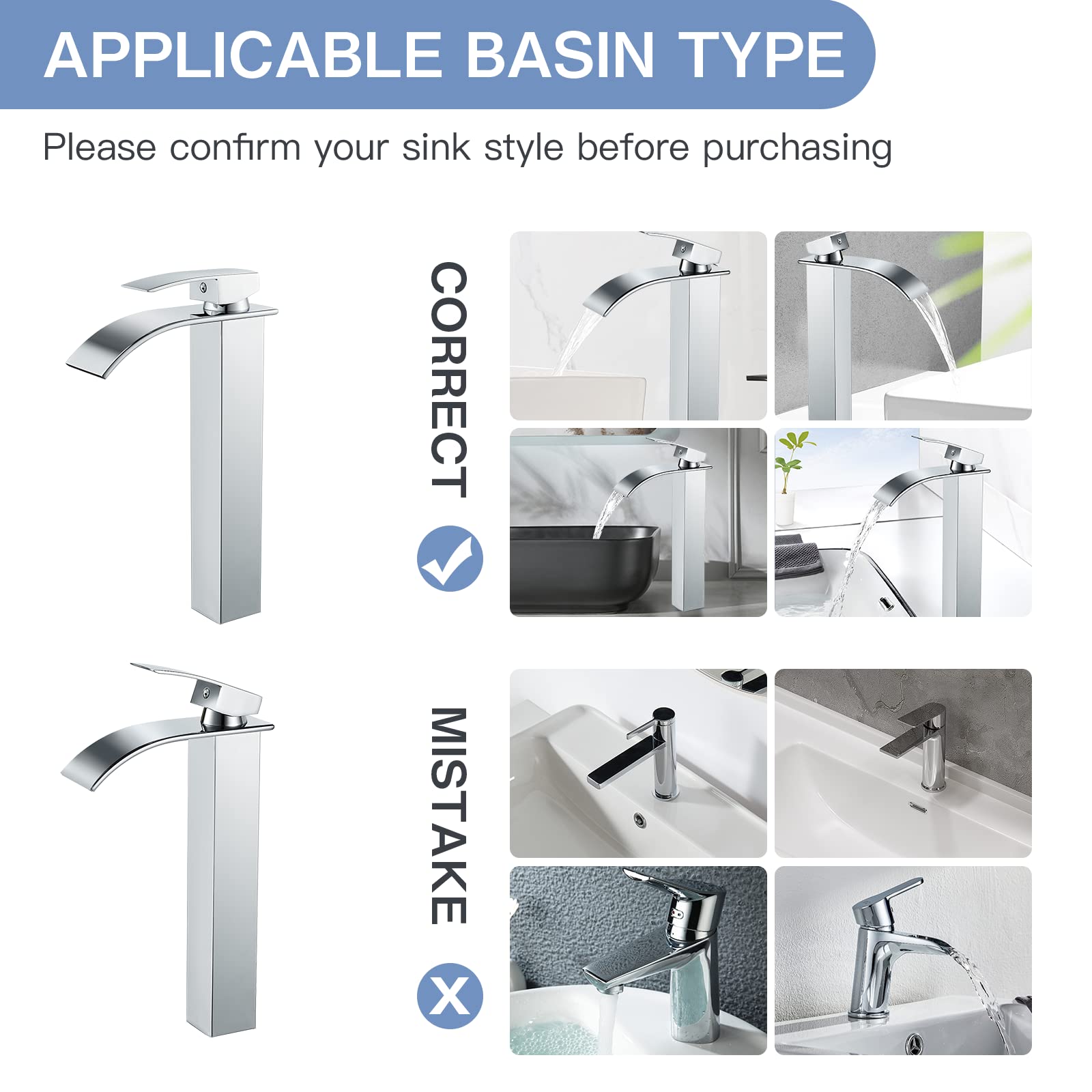 kisimixer Rubinetto Bagno Lavabo Alto Cascata, Miscelatore Lavabo Bagno Alto Cascata, Rubinetto Monocomando per Lavandino, Acqua Calda e Fredda Disponibile, Cromato