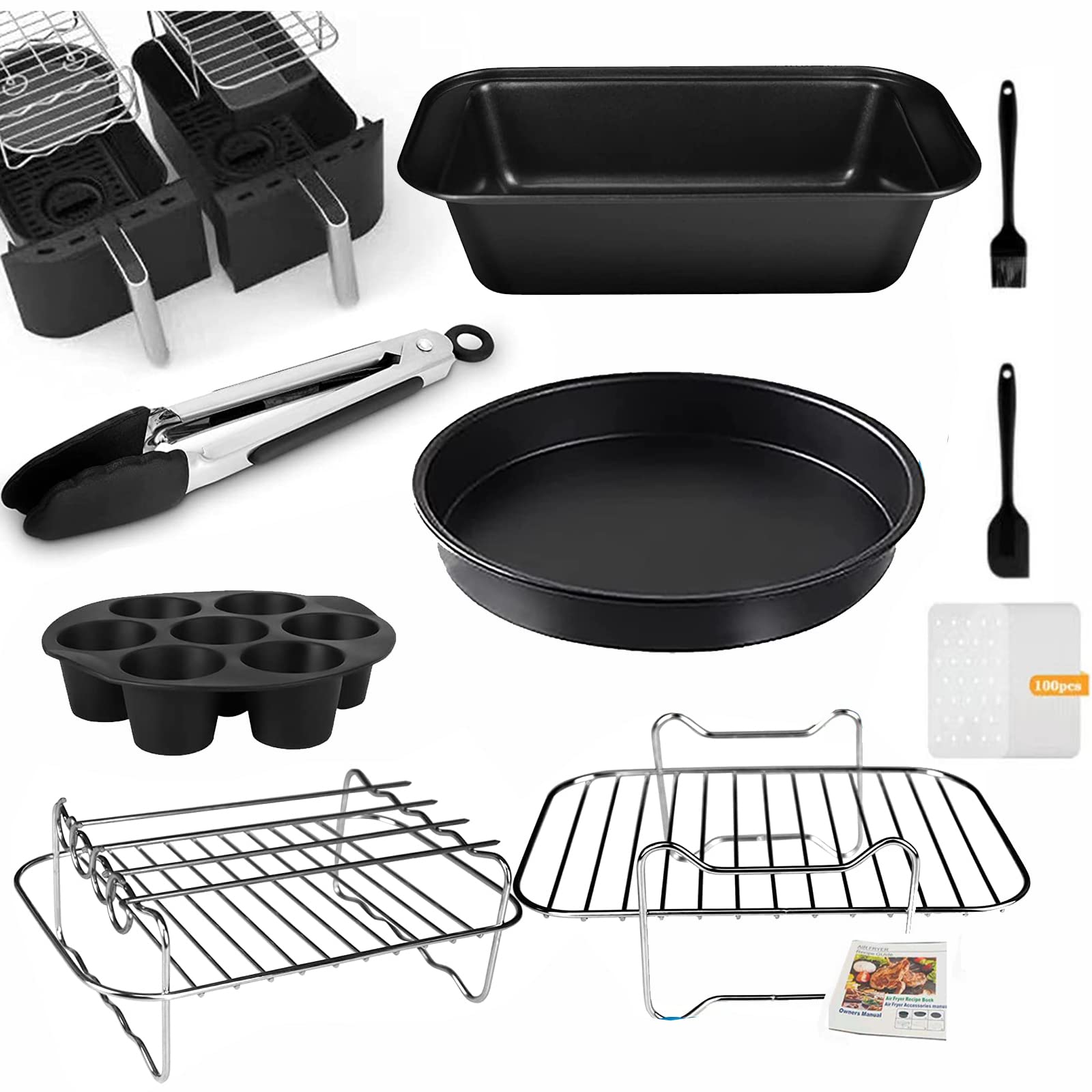 Set di accessori per friggitrice ad aria, set da 10 pezzi per doppio cestino, accessorio antiaderente per friggitrice ad aria con teglia, pizza, rack multistrato, spiedino, stampo per morso d'uovo,