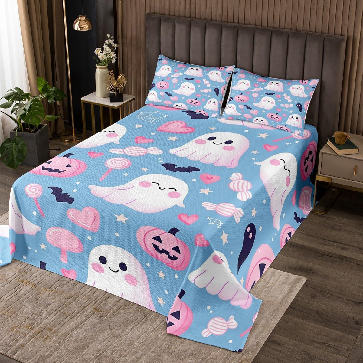 Erosebridal Kids Cute Halloween Decor Quilt Set Queen Size, Pink Halloween Bedspread for Girls Teens Child, Pink Ghost Coverlet, Sweet Candy Sugar Love Heart Bedding Set