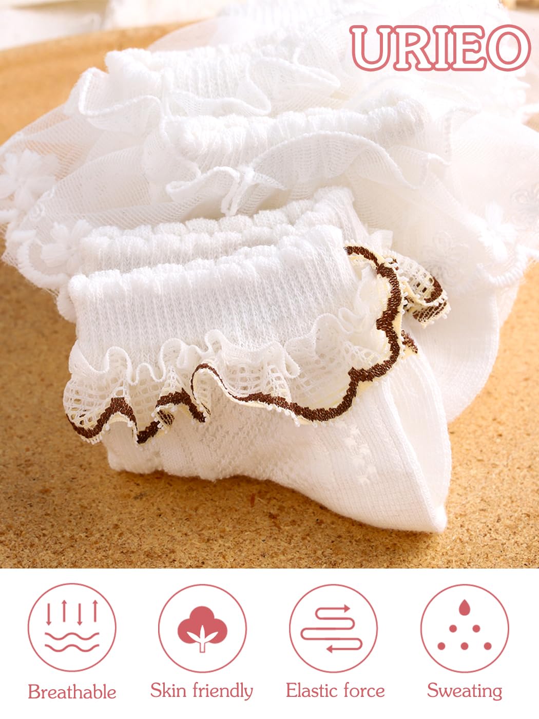 Urieo Baby Girls White Socks Toddler Ruffle Lace Socks Princess Cotton Crew Socks for Infants Toddlers Kids Girls
