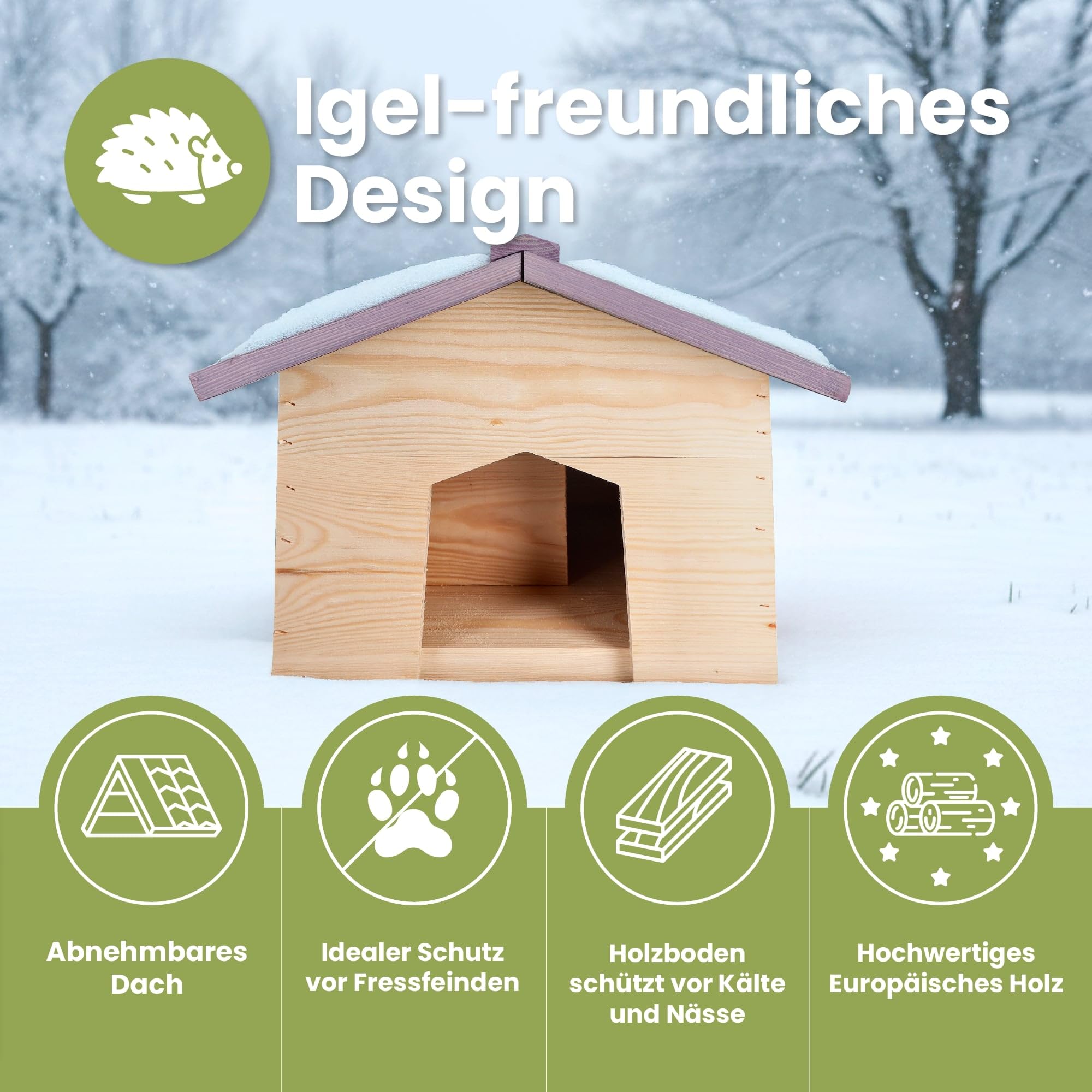 PATKAR Igelhaus Winterfest mit Boden - Premium Igelfutterhaus (Made in Europe) - Labyrintheingang gegen Fressfeinde - Futterhaus Hochwertige Igelhäuser Igel Haus Igelhotel - HxBxT: 28x38x44 cm