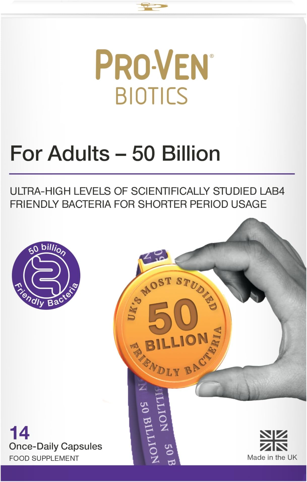 โ 50 Billion Probiotics for Adults | Lab4 Friendly Bacteria Short-Term High Strength Support | Multi-Strain Daily Gut Health Formula | 14 Capsules