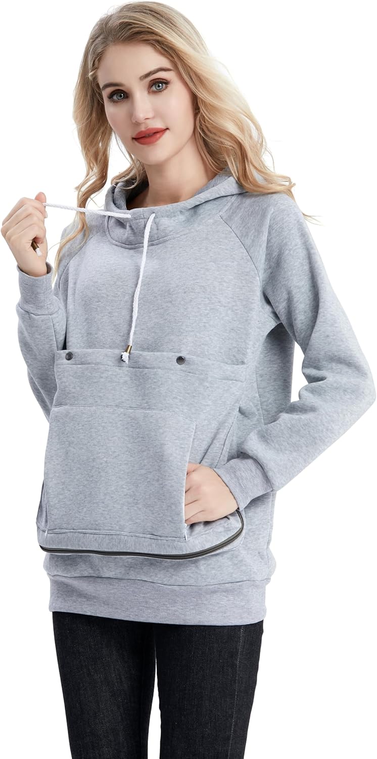 Pet Cat Dog Pouch Hoodie Small Animal Carrier – Kitten Puppy Pouch Sweatshirt Holder Fleece Unisex Hoodies Light Grey