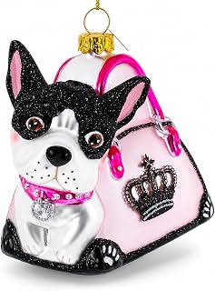 Boston Terrier in Pink Handbag Glass Christmas Ornament | Hand Painted, Ready to Hang, Gift Tagged