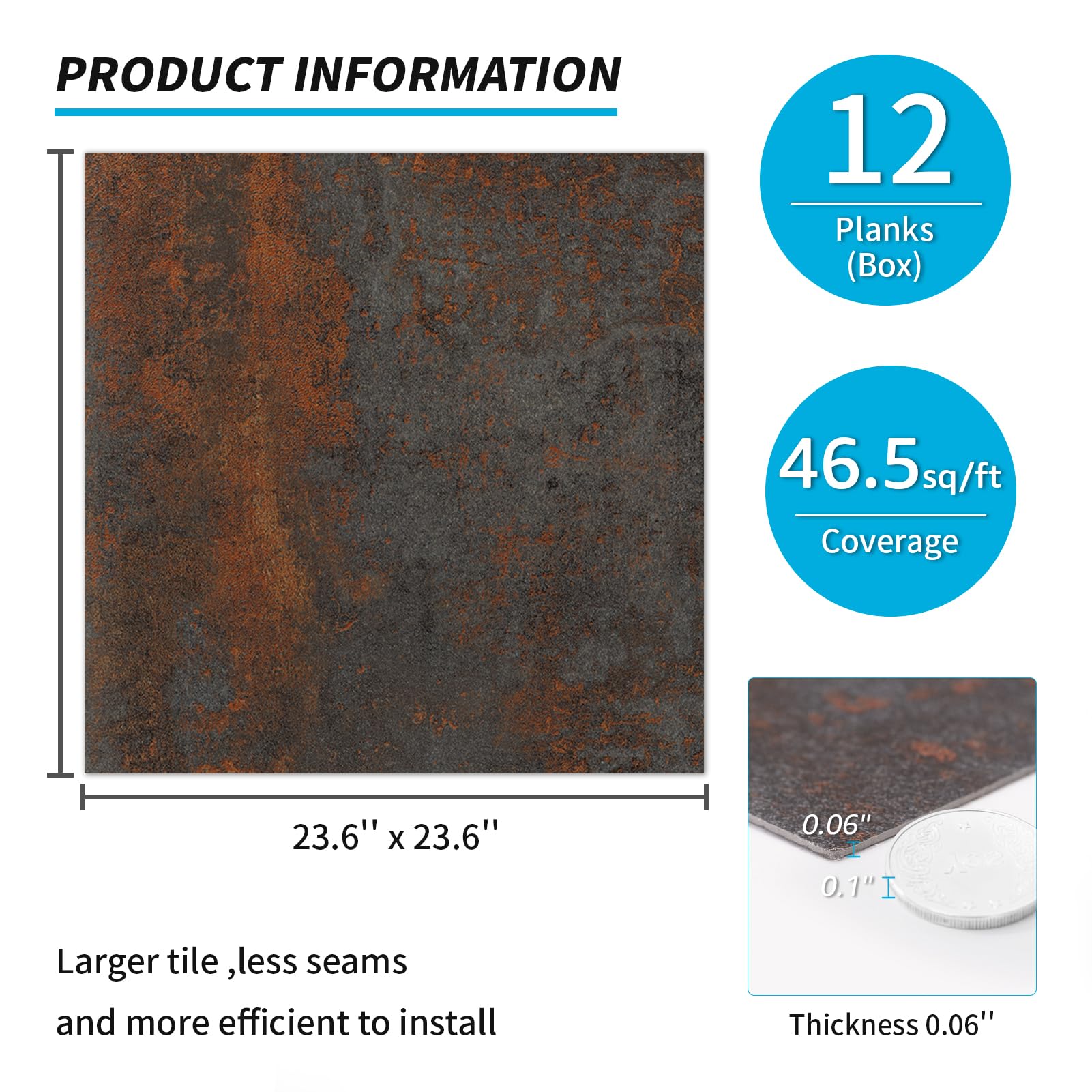 Art3d Large Peel and Stick Floor Tile, 12-Pack 23.6 x 23.6in. Covers 46.5 Sq.ft, Waterproof Vinyl Flooring Tiles Self Adhesive for Kitchen, Bathroom & Bedroom - Rust Granite