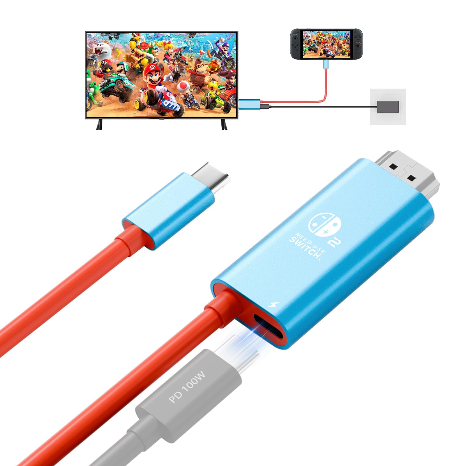 AGFINEST [per Switch 2/OLED] Cavo adattatore da USB C a HDMI da 2 m, 4K a 60 Hz 100 W PD, ricarica rapida, dock portatile con modalità TV per Switch, iPhone 16, iPad Pro, MacBook, Steam Deck da Laptop