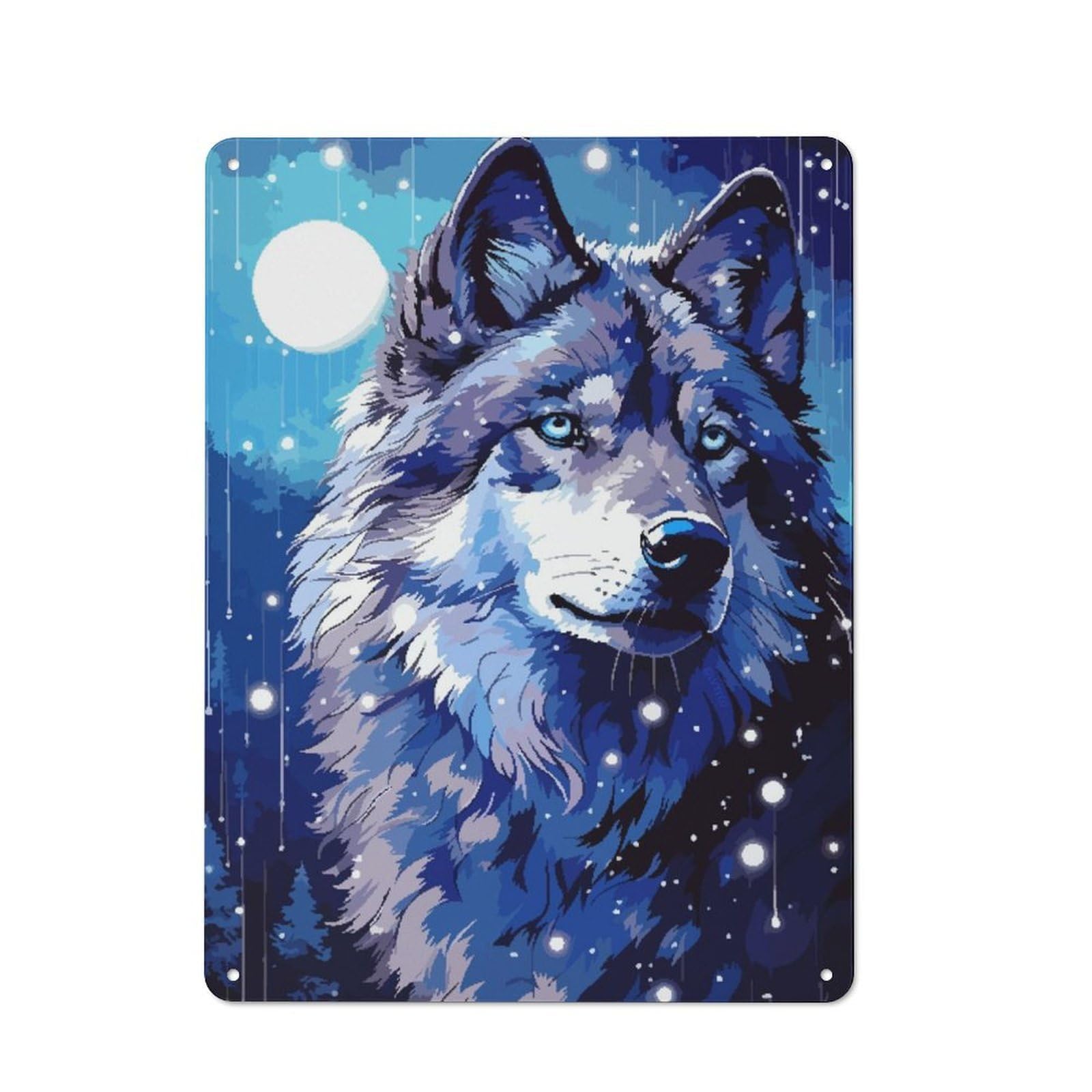 Junmoney Moon Wolf Retro Pixel Art Rustic Metal Plaque 40X30cm For Dining Room Or Kitchen, A Housewarming Gift For Dining Room Decor Fans