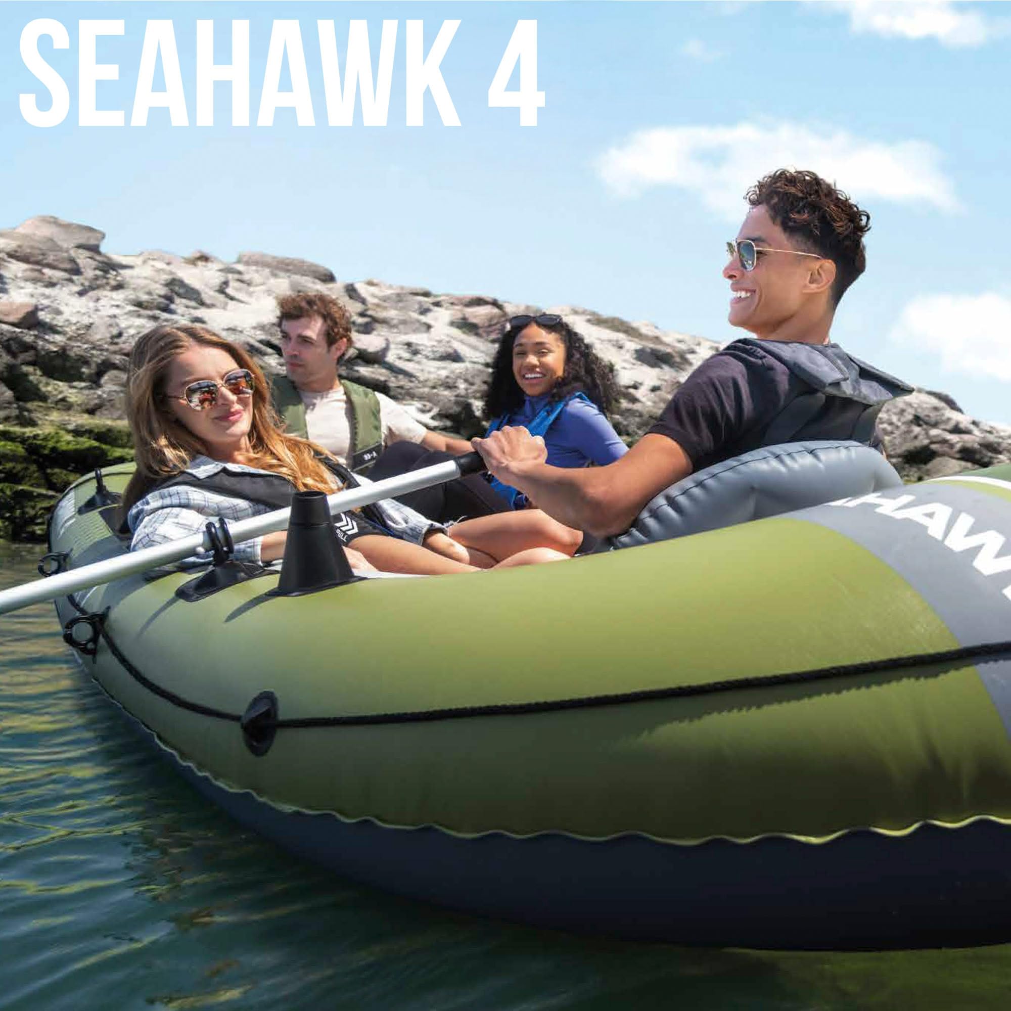 Intex Barca hinchable, Modelo Seahawk 4, Mide 351x145x48 cm, Máx. 480 kg, Para 4 personas, Incluye remos y asientos, Bomba de inflado, Parche reparación, 3 cámaras de aire, Pesca o recreo (66334)