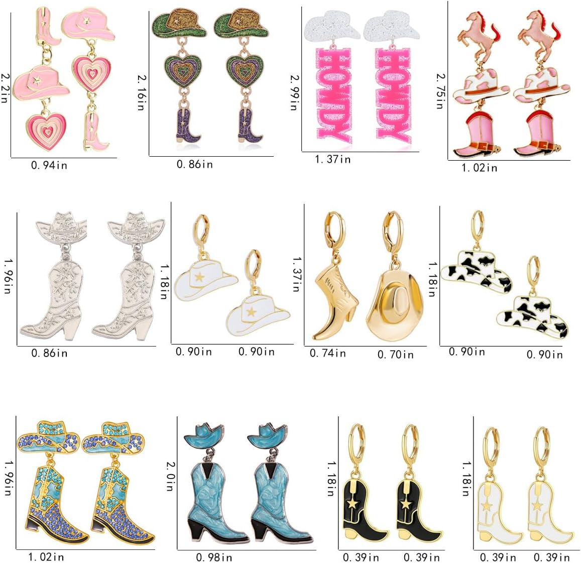 12 Pairs Beaded Cowboy Earrings for Women Pendant Rhinestone Enamel Boot Hat Drop Dangle Earrings - Image 5