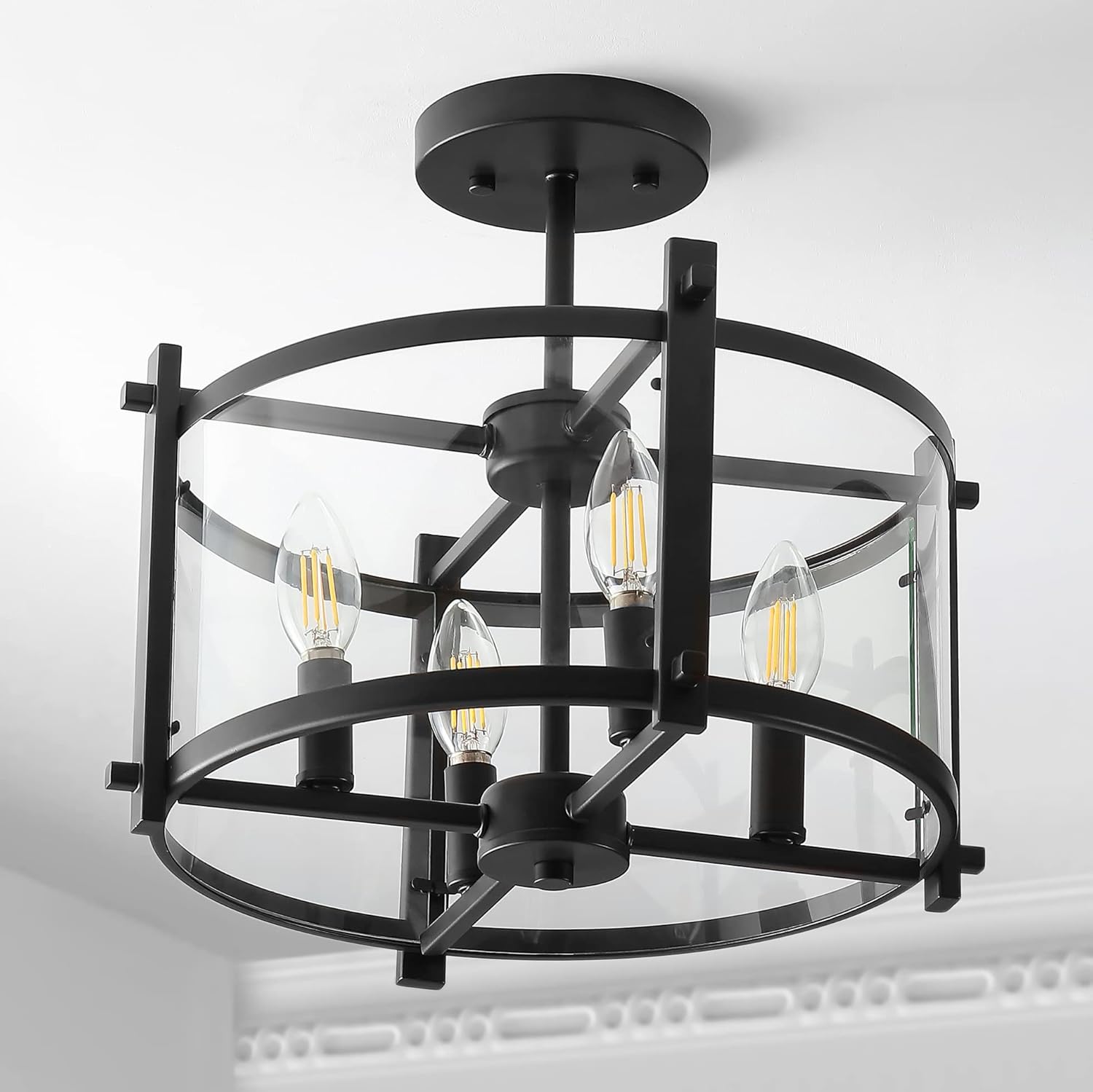JONATHAN Y 15" Oil Rubbed Bronze 3-Light Iron and Glass Modern Drum LED Flush Mount, Industrial Farmhouse Ceiling Light for Hallway Entryway Kitchen, LED Bulbs Included JYL6700A