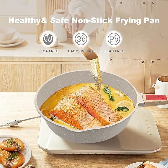 28cm Ceramic Nonstick Deep Frying Pan with Lid, Removable Handle-White