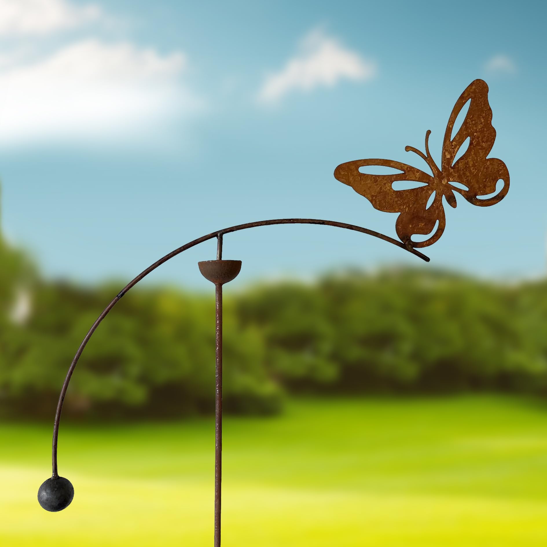 GAP GARDEN PRODUCTS - Solid Metal Rustic finish Garden Wind Spinner/Rocker with a Butterfly design on a Single arm (Bare metal and will rust natuarally)
