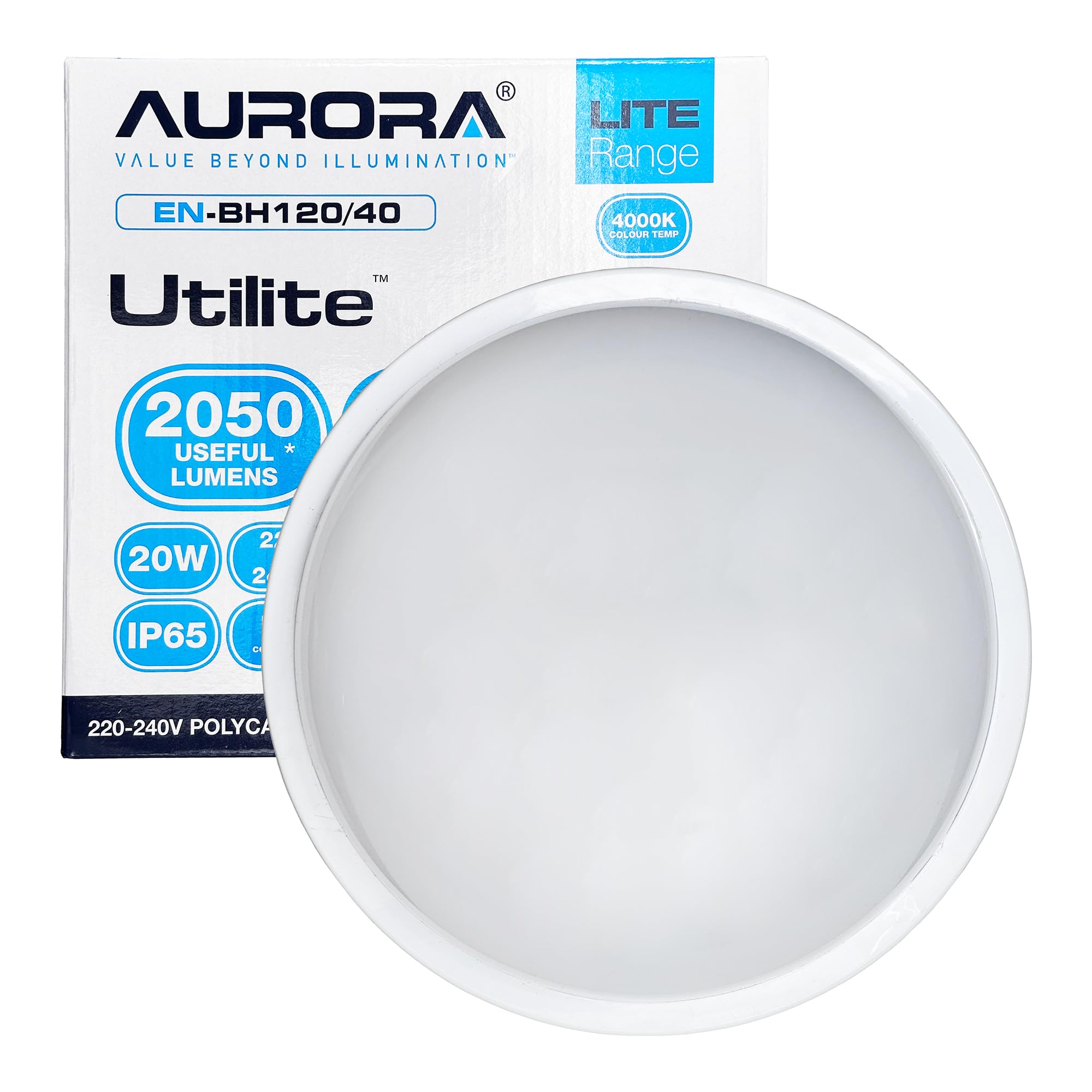 Aurora LED Wall & Ceiling Light 20W IP65 Waterproof Bulkhead 4000K 2050lm 221mm Round EN-BH120/40