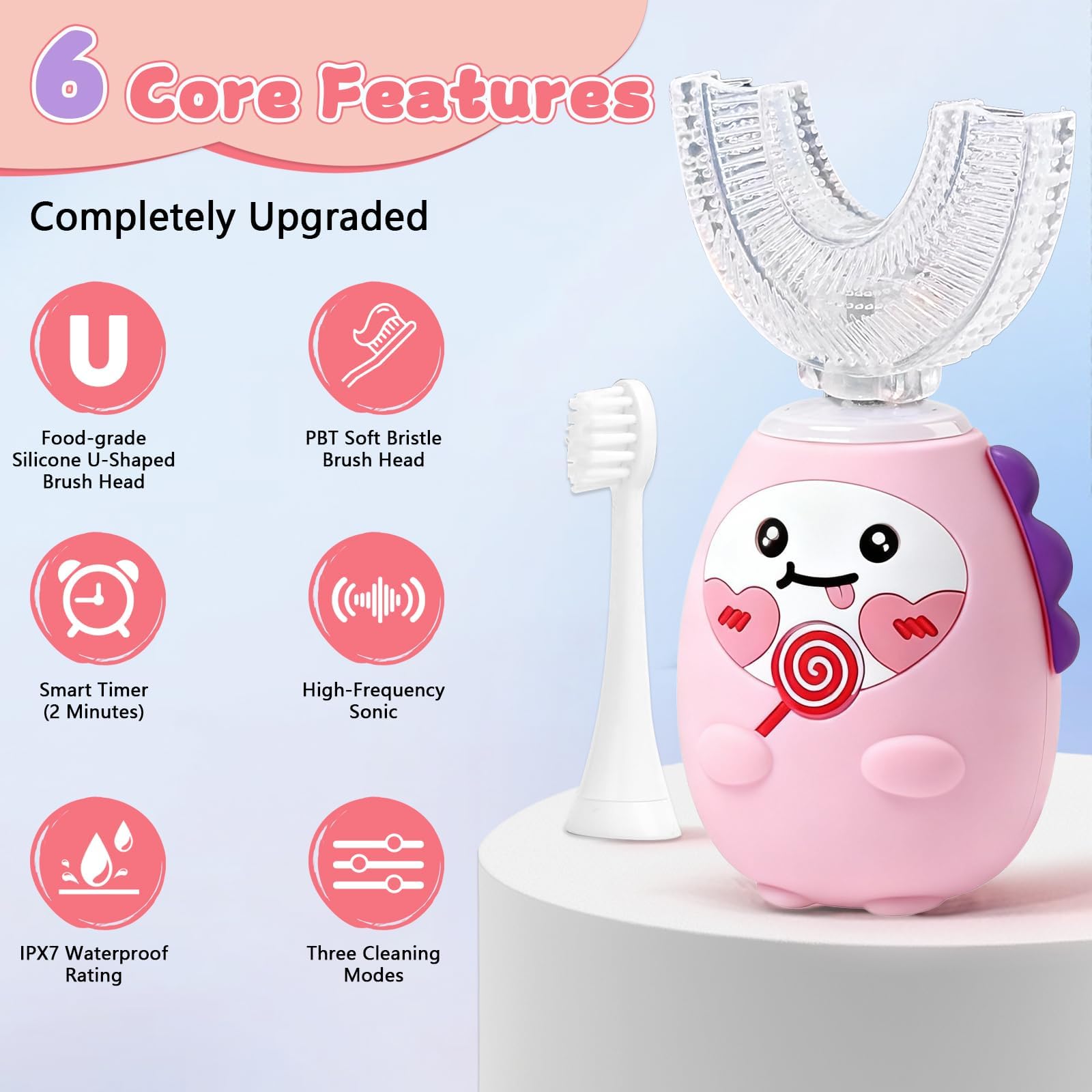 3 cepillos de dientes eléctricos en forma de U para niños, cepillo de dientes ultrasónico automático de 360º para niños pequeños y niños, cepillos de dientes sónicos recargables y accesorios con 2