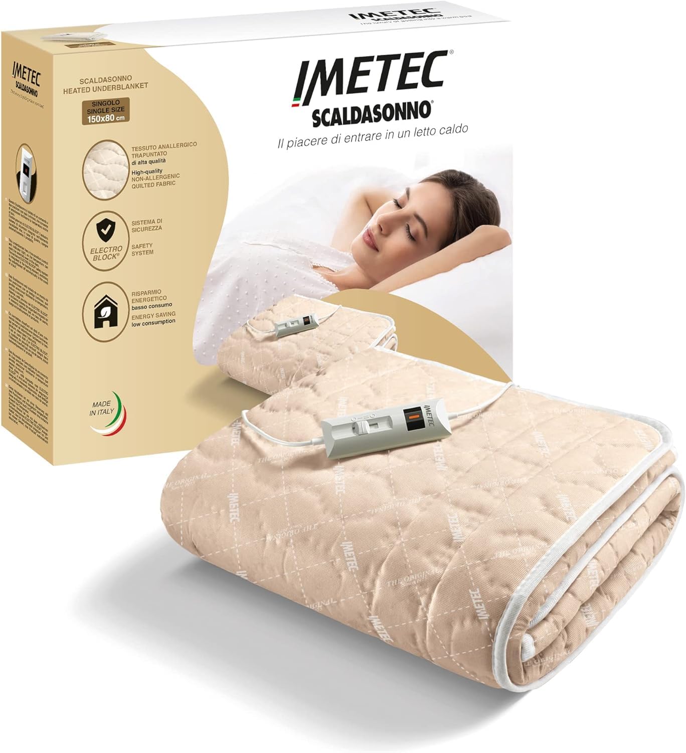 Imetec - Surmatelas Chauffant - Chauffe-lit Pour Lit Double 150 x 80 cm - 2 Commandes avec 2 Températures, Tissu Matelassé, Lavable À La Main et en Machine à 30 °C - Fabriqué en Italie