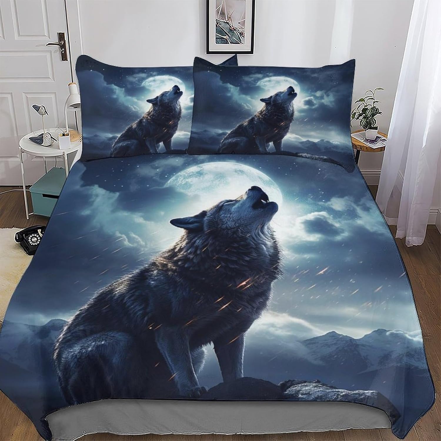 Juego de Cama Lobo Fundas Nordicas Cama 105 Luna Funda de Edredón Y 2 Fundas de Almohada, Microfibra Suaves Juego de Ropa de Cama de 3 Piezas - Single 180x220cm