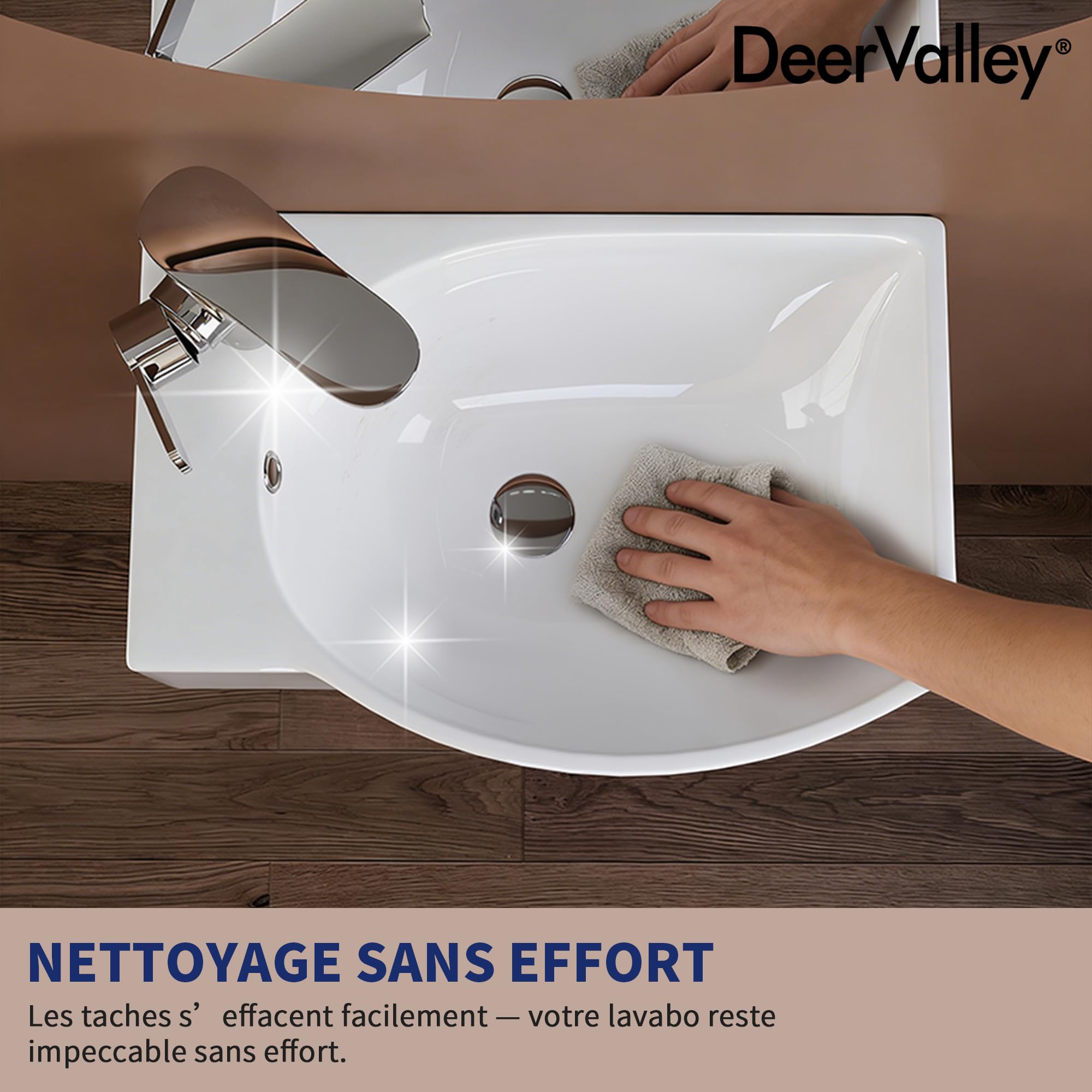Lavabo mural DeerValley 305×240 mm, vasque rectangulaire en céramique blanche, cuve à gauche avec trou de robinet à droite, idéal pour les petites salles de bain