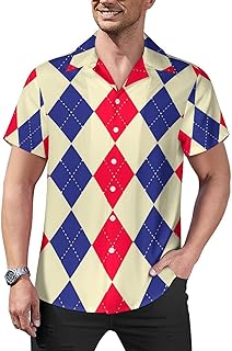 Blue Red Argyle Pattern Mens Shirts Hawaiian Short Sleeved Cuban Collar Graphic Tees Tops