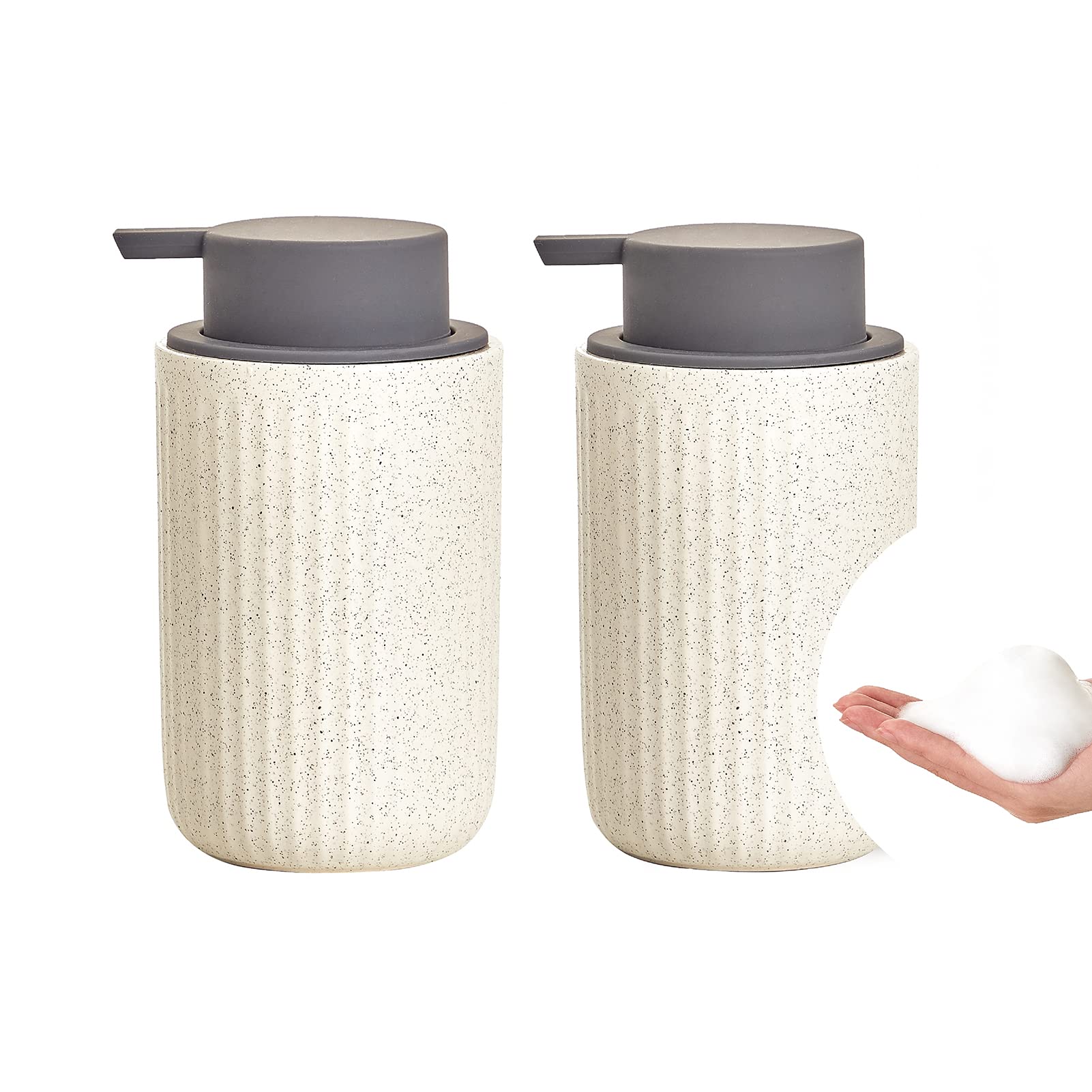 ABBI NIMOCeramic Hand Soap Pump Foam Dispenser Beige 2 Pack, Speckled Rippled Bubble Up Foam Dispenser Bottle, 12 oz Soap Foam Dispenser with Grey Silicone Pump