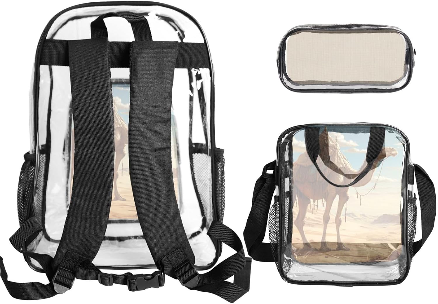 Desert Sand Camel Print Unisex Transparent Backpack Set Travel Outdoor With Clear 3-Piece Lunch Pen Case