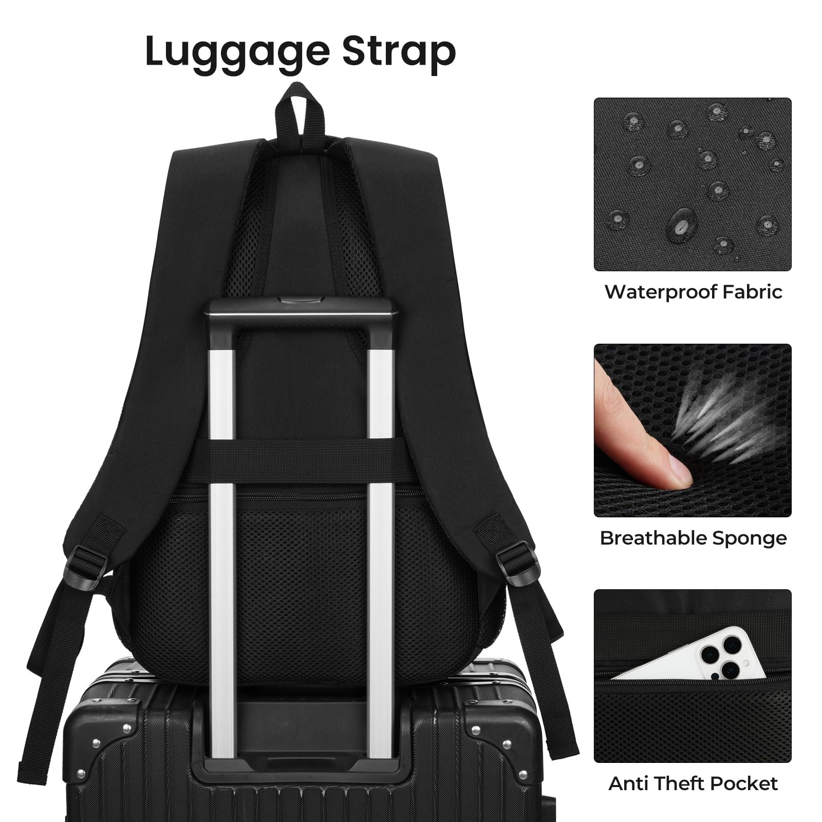 YAMTION Zaino per computer portatile per uomini e donne, nero, zaino per la scuola per ragazzi e ragazze, zaino da lavoro, con porta di ricarica USB, adatto per laptop e notebook da 15,6 pollici
