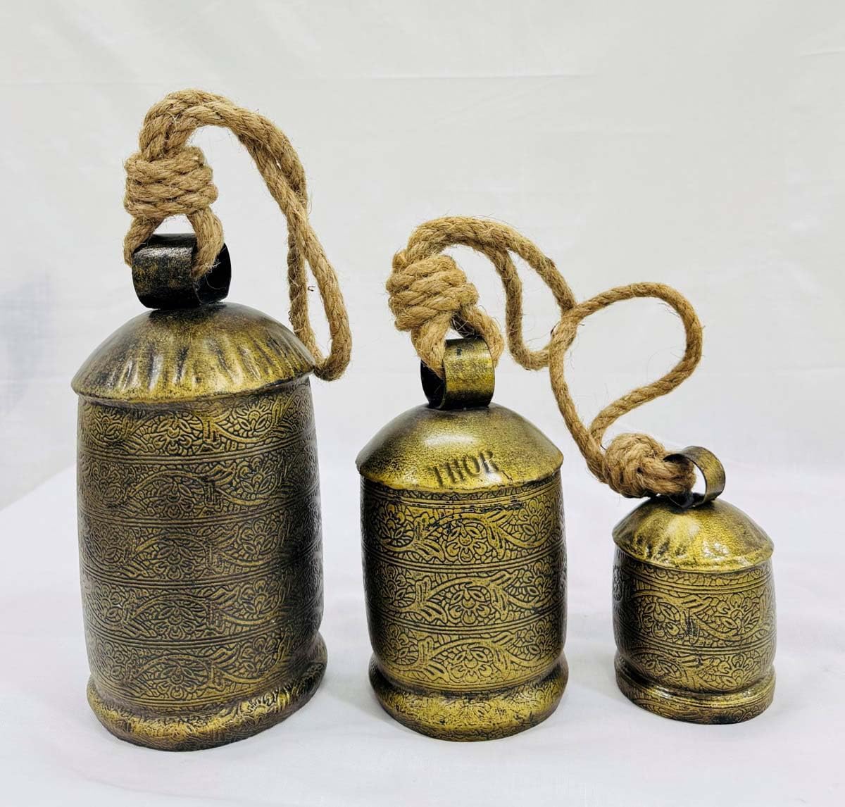 Tibetan Inspired Decorative Cow Bells with Jute Hanging Rope, Set of 3 4 Inch,6 Inch,8 InchH, Bronze