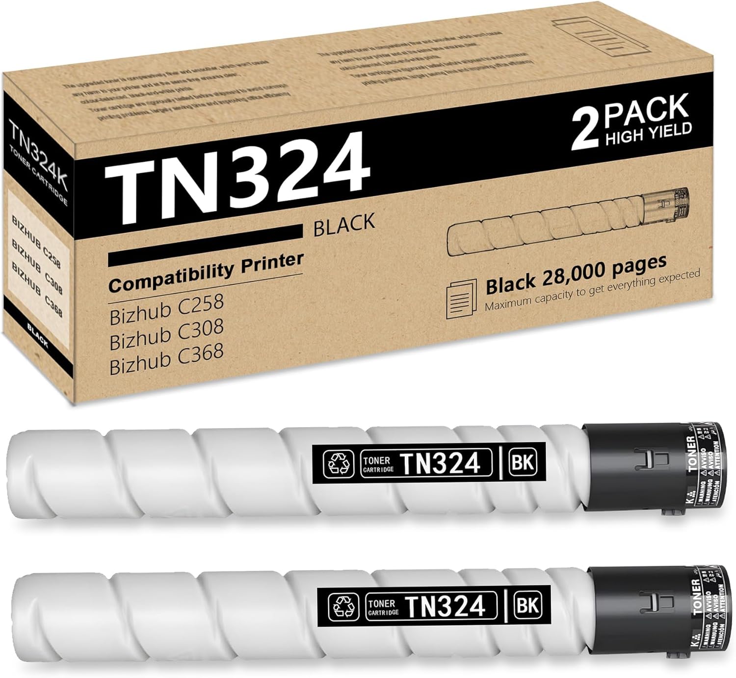 TN324 Black Toner Cartridge | High Yield Replacement for Konica Minolta Toner TN324K A8DA130 Work for Bizhub C258 C308 C368 Printer (2 Pack )