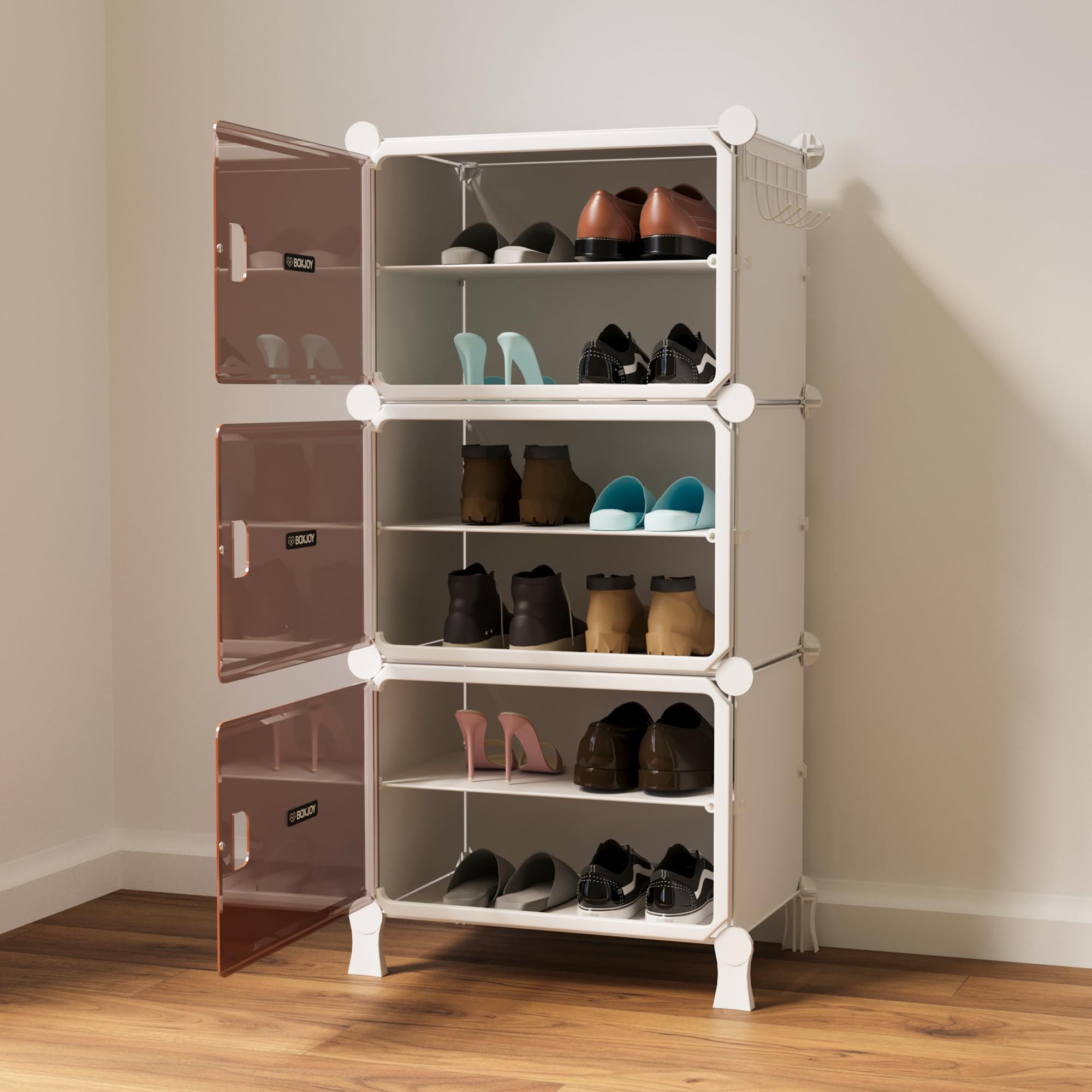 BOXJOY 6 Shelf White Shoe Rack with 3 Brown Doors & Steel Holder | Hard PET Plastic Door with Metal Frame & Wooden Hammer, Home Shoes Stand Organiser with Feet to Cover Slipper Chappal Sandals